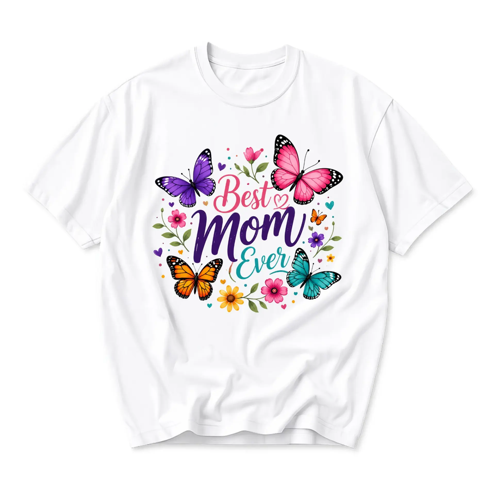 Graphic Tee Best Mom Ever Butterfly Floral Print Unisex Crew Neck Shirt for Casual Everyday Wear and Gift Giving