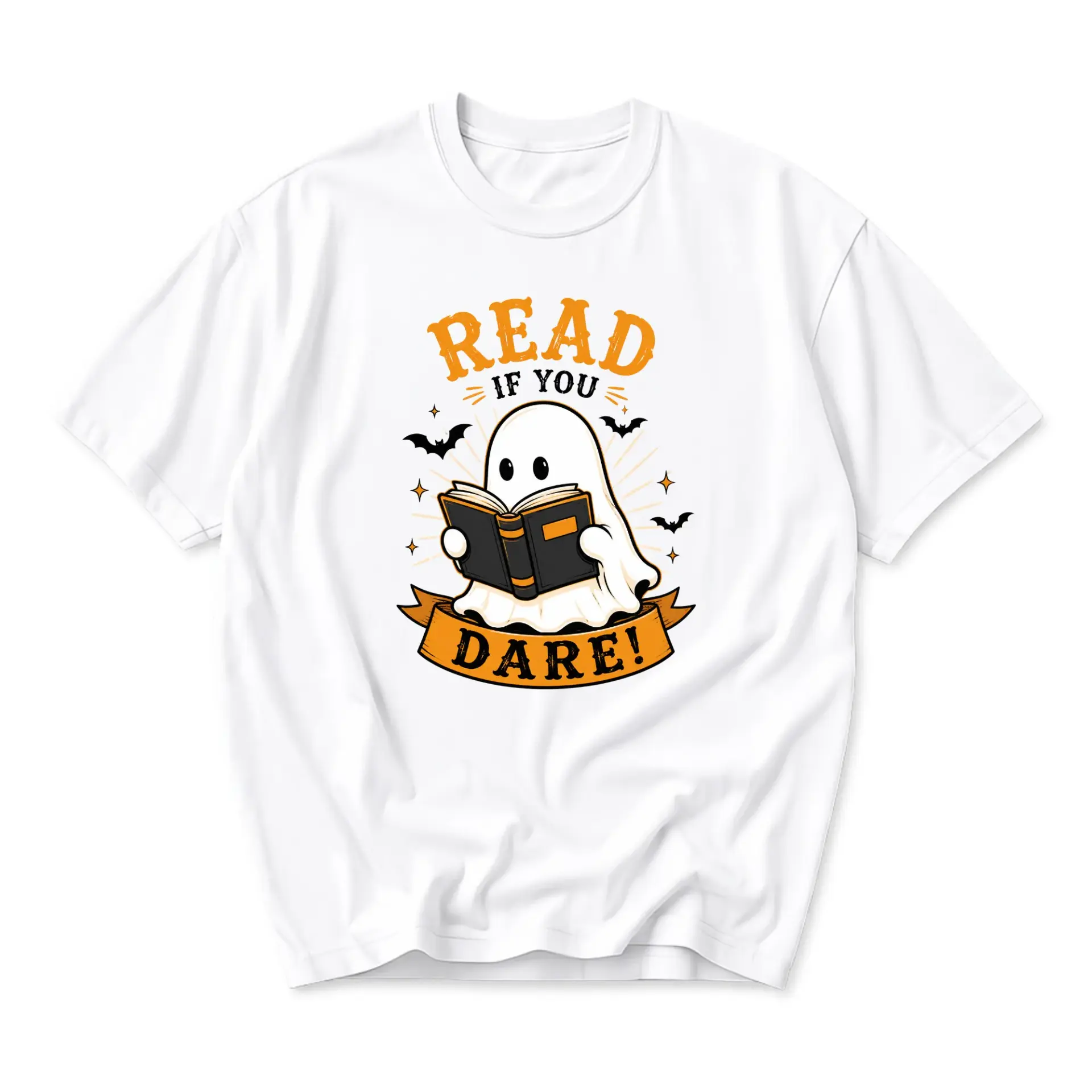 Funny Shirt Read If You Dare Ghost Reading Book Graphic Tee Unisex Casual Crew Neck Short Sleeve Cotton Apparel Top