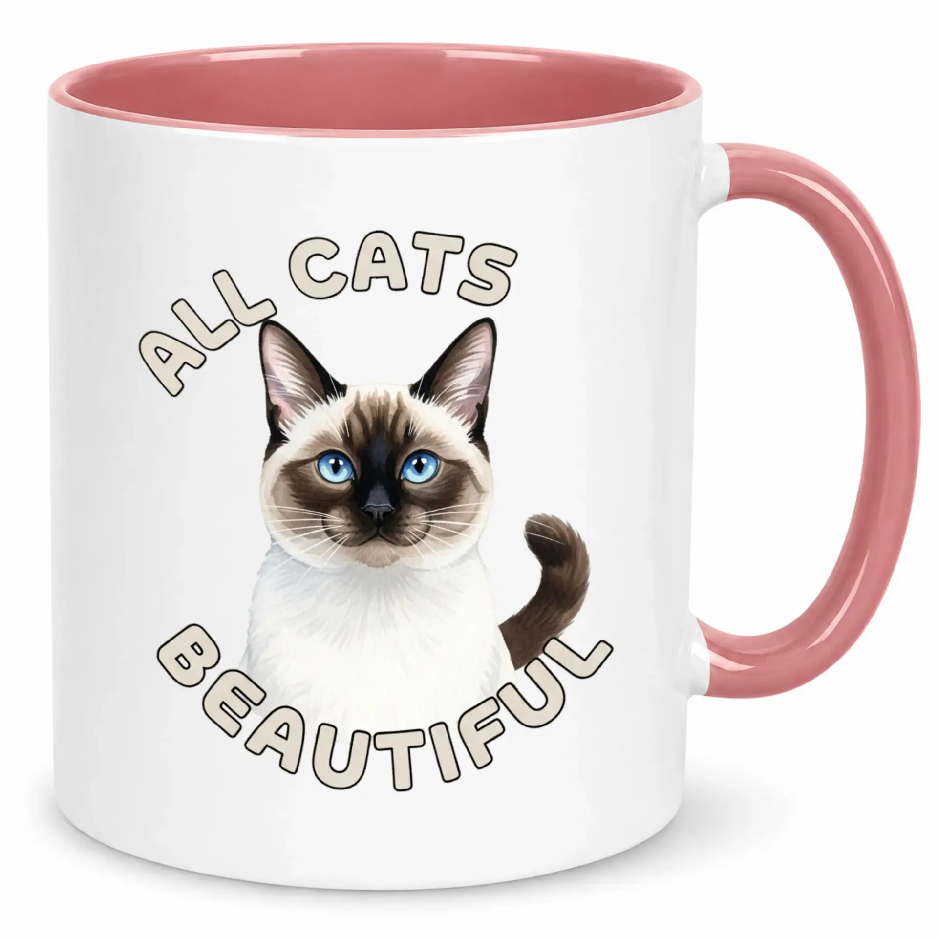 Funny Siamese Cat Coffee Mug with Pink Handle and Interior, 'all Cats Beautiful' Animal Lover Ceramic Cup, 11 Oz or 15 Oz Drinkware Gift