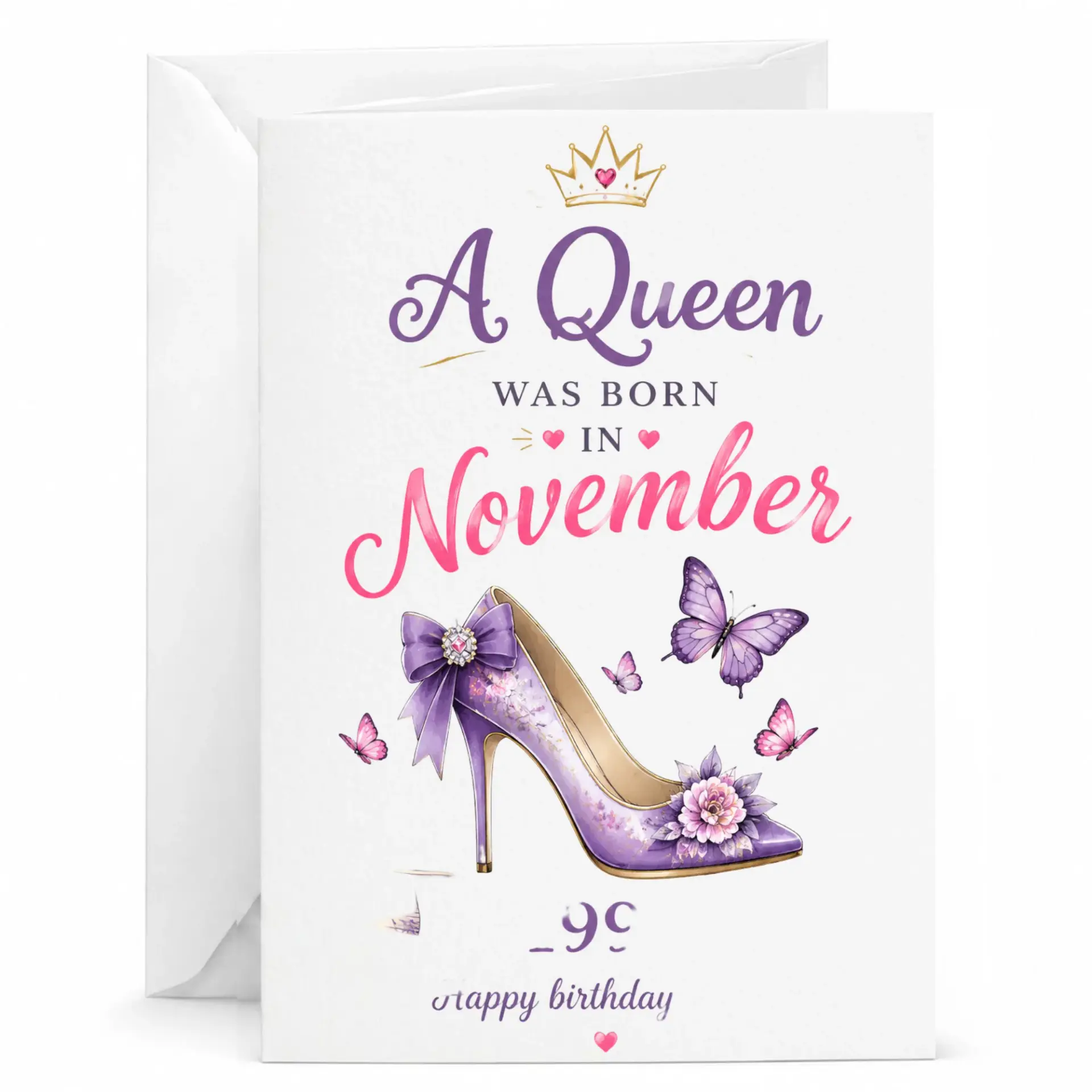 Birthday Card a Queen Was Born in November Greeting Card with Purple High Heel Shoe Design and Elegant Crown Motif