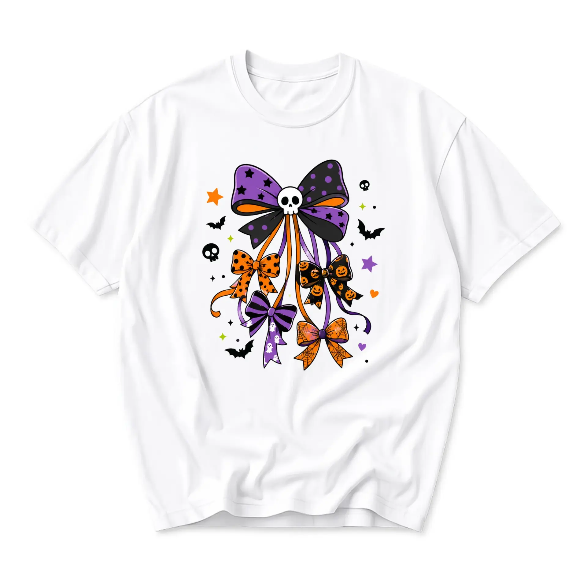Graphic Tee Unisex Halloween Bow and Skull Pattern Printed Casual Crew Neck Short Sleeve Soft Cotton Blend Shirt