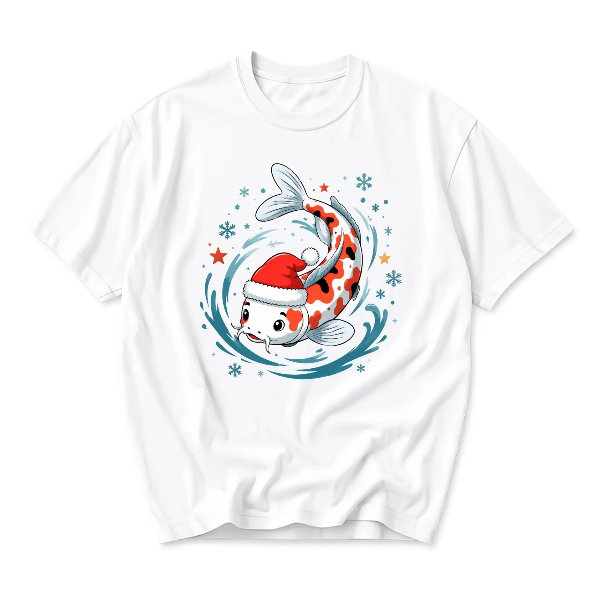 Graphic Tee Unisex Koi Fish Christmas Santa Hat Illustration Print Soft Casual Everyday Crew Neck Cotton Blend Shirt