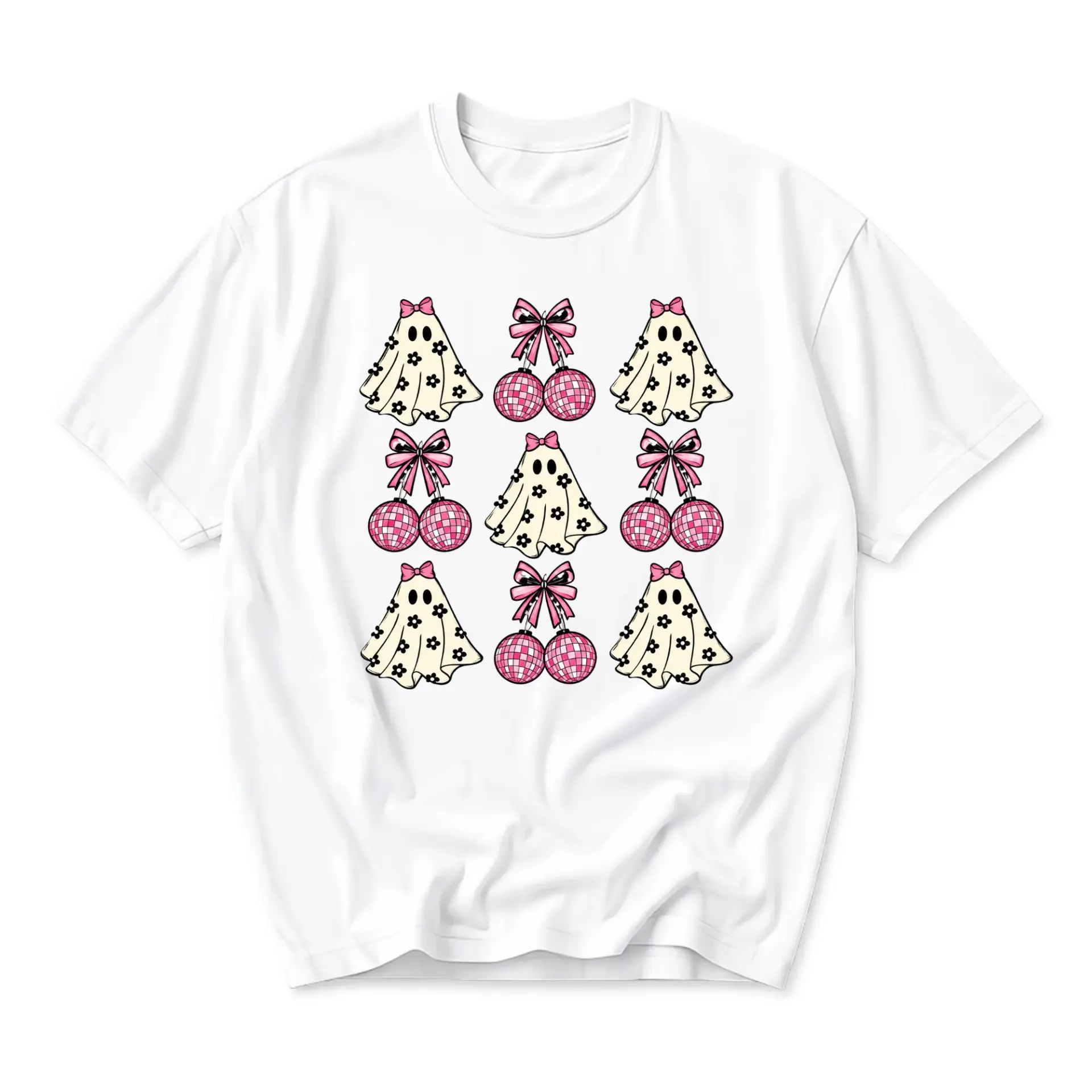 Graphic Tee Unisex Crew Neck Shirt Featuring Retro Pink Disco Ball and Ghost Pattern Design for Casual Wear