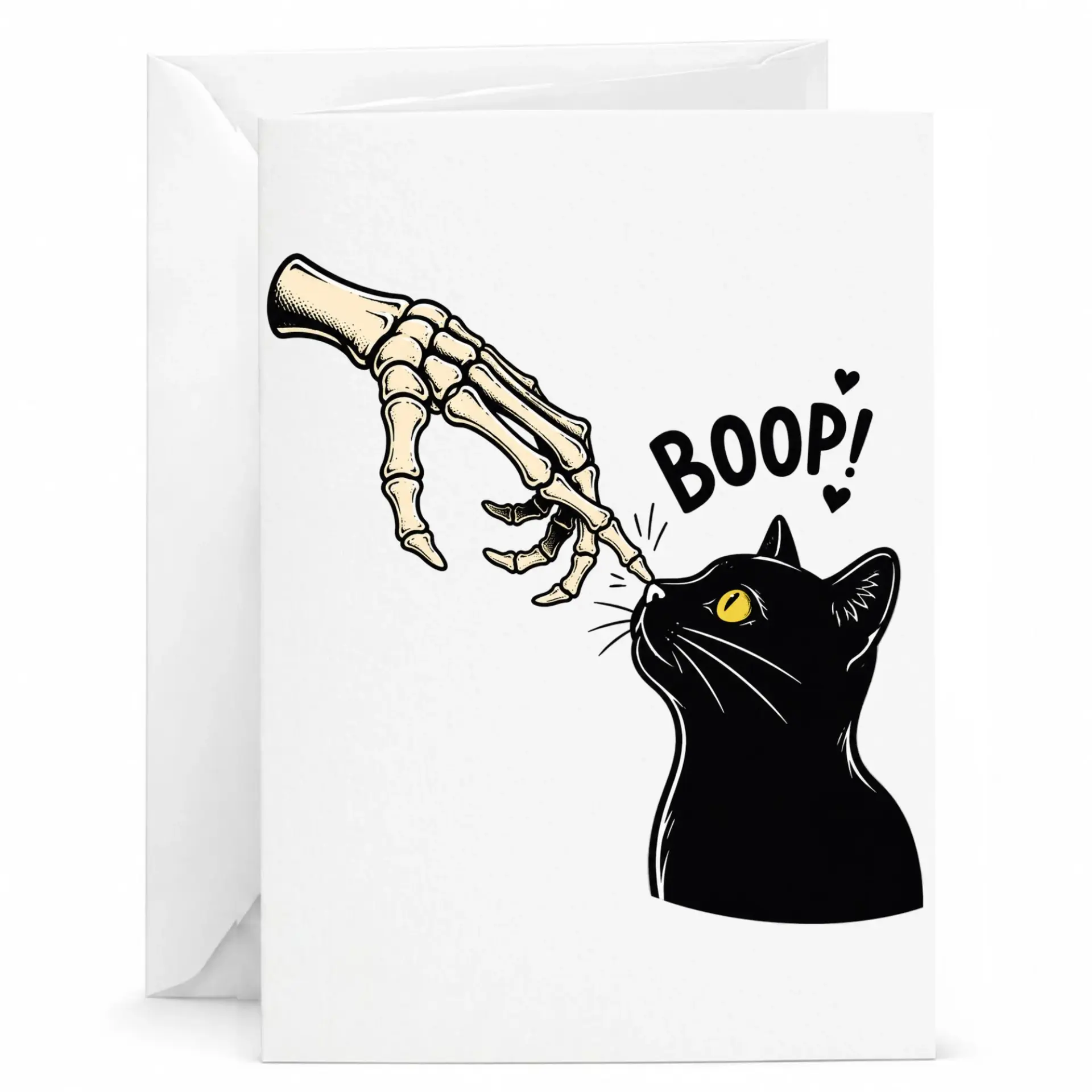 Funny Cat Greeting Card Skeleton Hand Boop Design Artistic Animal Illustration for Birthday or Any Occasion