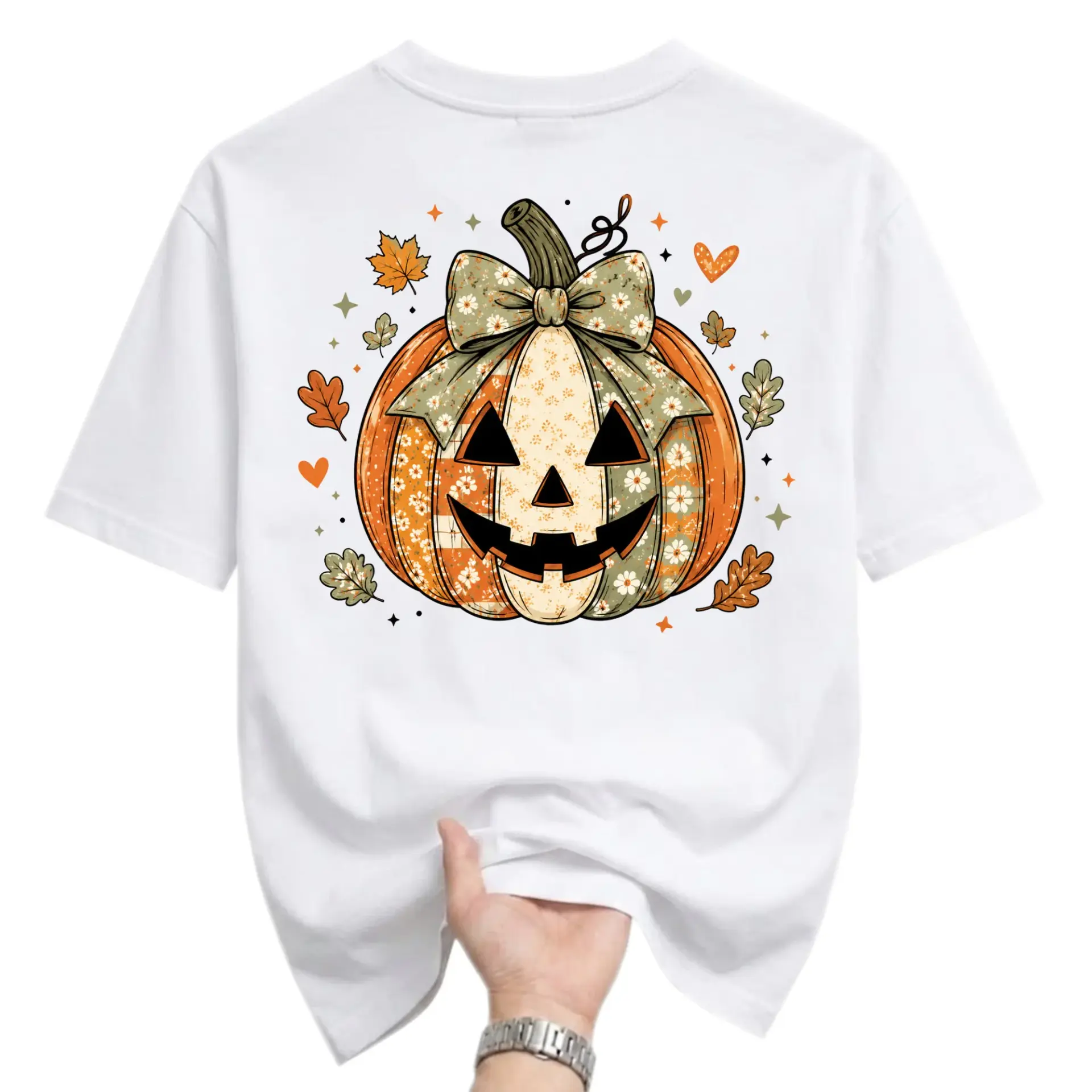 Graphic Tee Pumpkin with Floral Bow Print Autumn Season Unisex Crew Neck T-Shirt for Casual Everyday Fall Outfits
