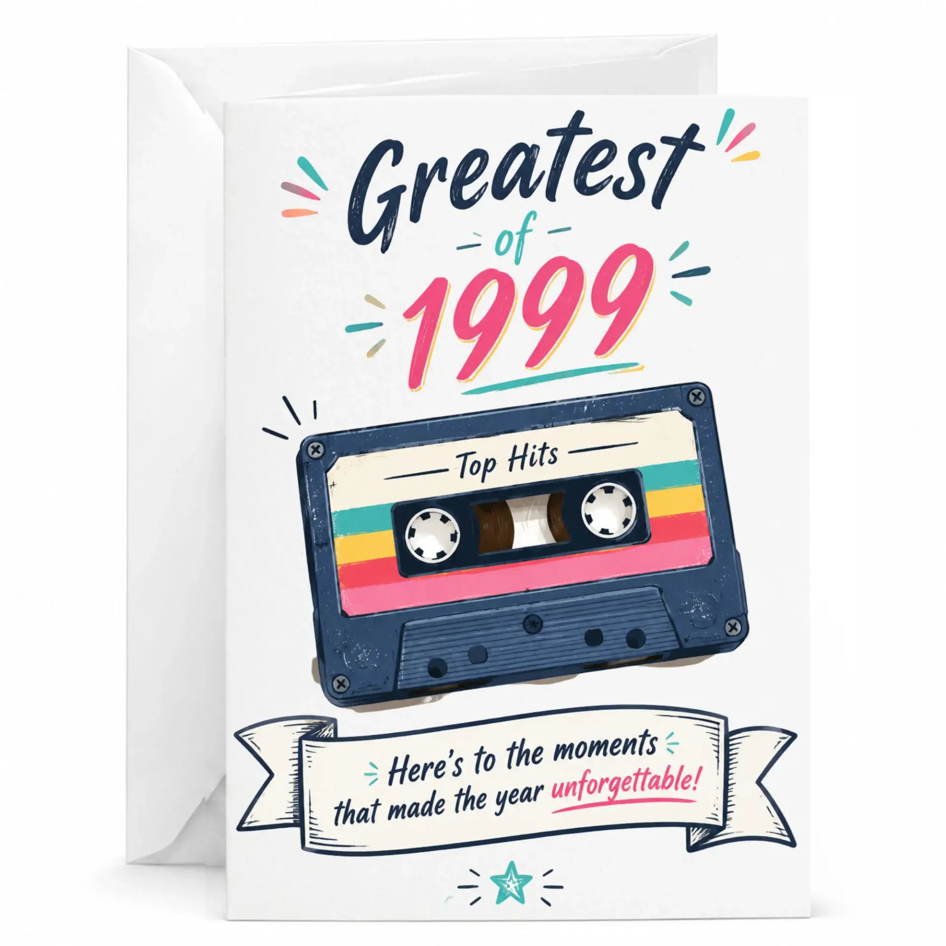 Greeting Card Greatest of 1999 Vintage Cassette Tape Design Nostalgic Birthday Celebration Card with Matching Envelope