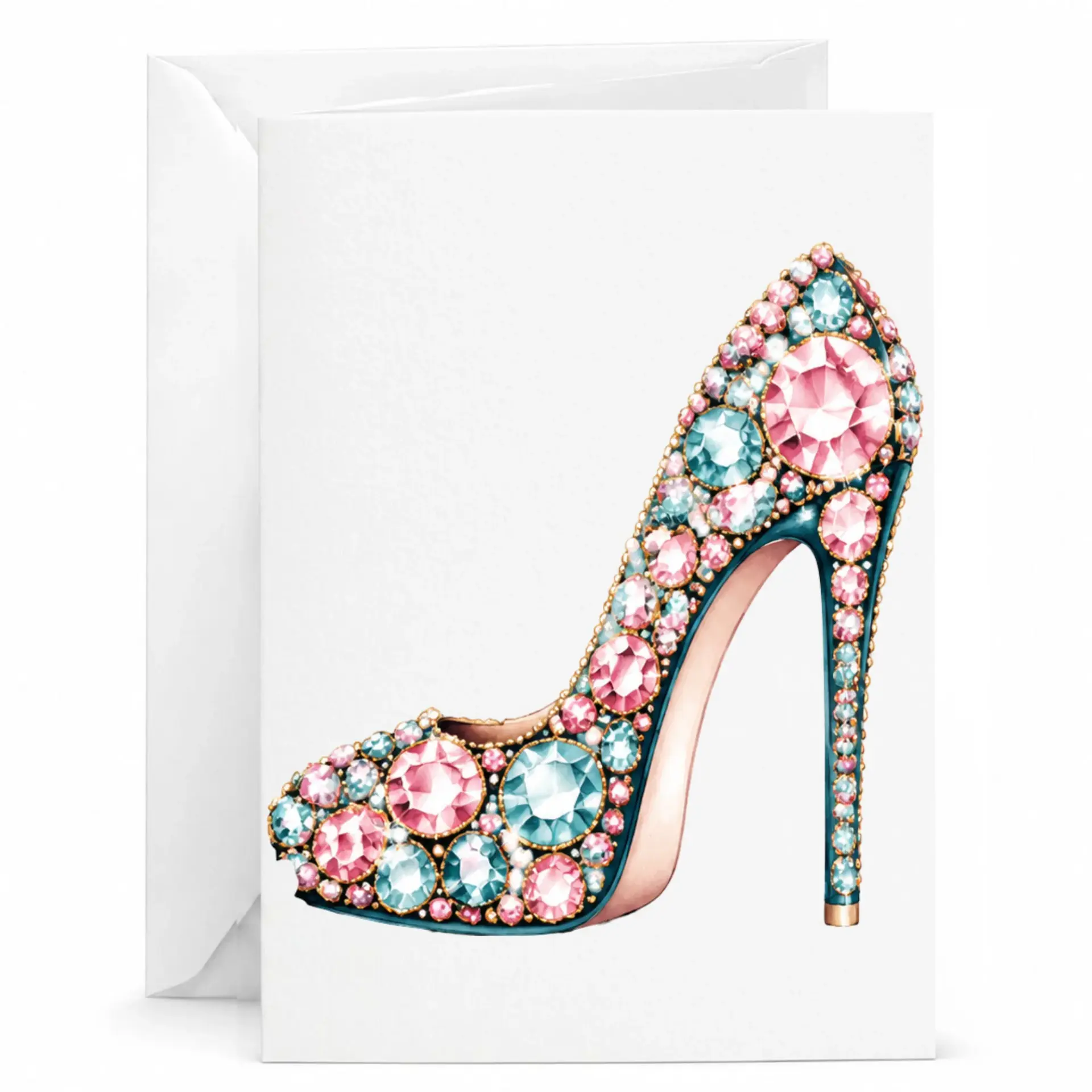 Greeting Card Featuring Elegant High Heel Shoe Illustration Embellished with Sparkling Pink and Blue Gemstones