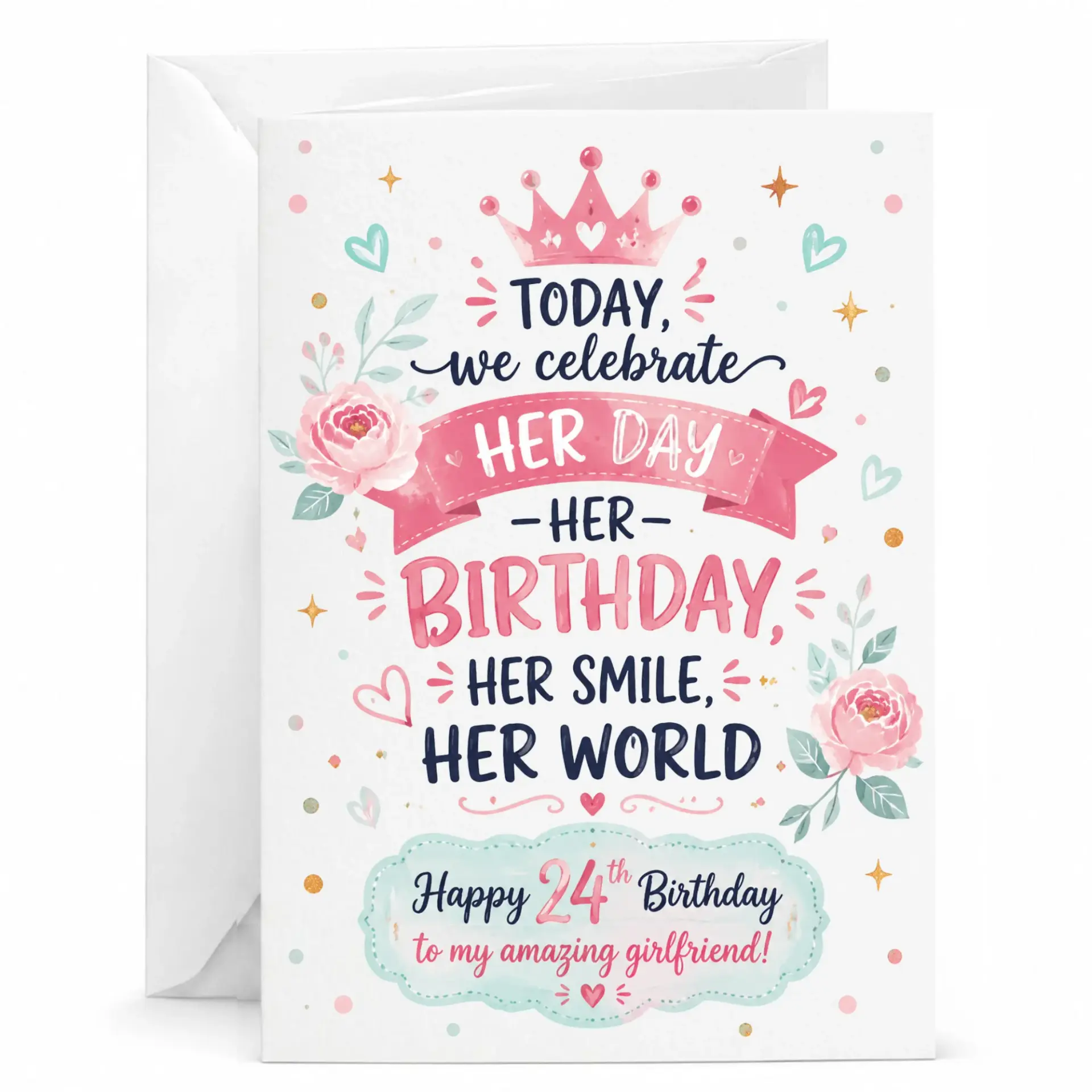 Birthday Card for Girlfriend 24th Birthday Celebration Floral Crown Greeting Card with Matching White Envelope