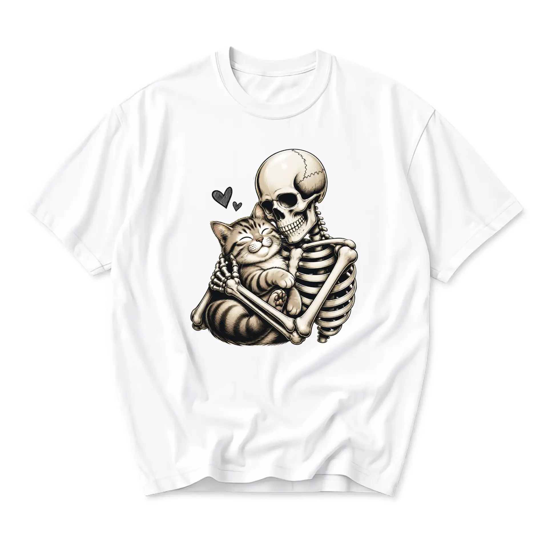 T-shirt Graphic Tee Featuring a Skeleton Hugging a Cute Tabby Cat Artistic Illustration for Casual Daily Wear