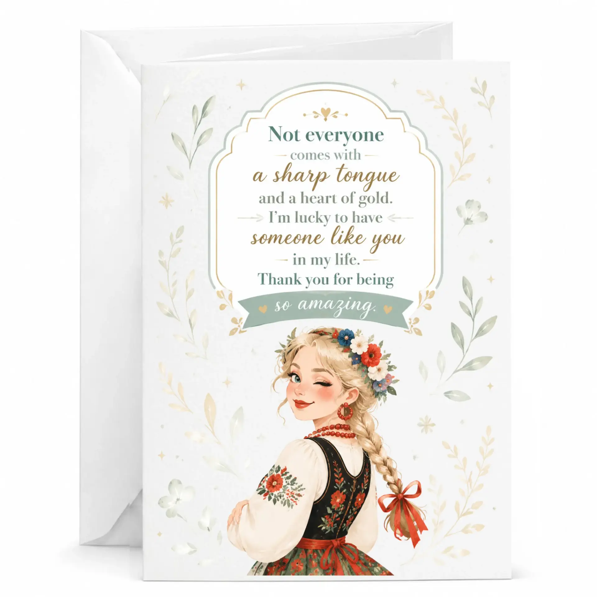 Card for Friend Featuring Floral Maiden Illustration
