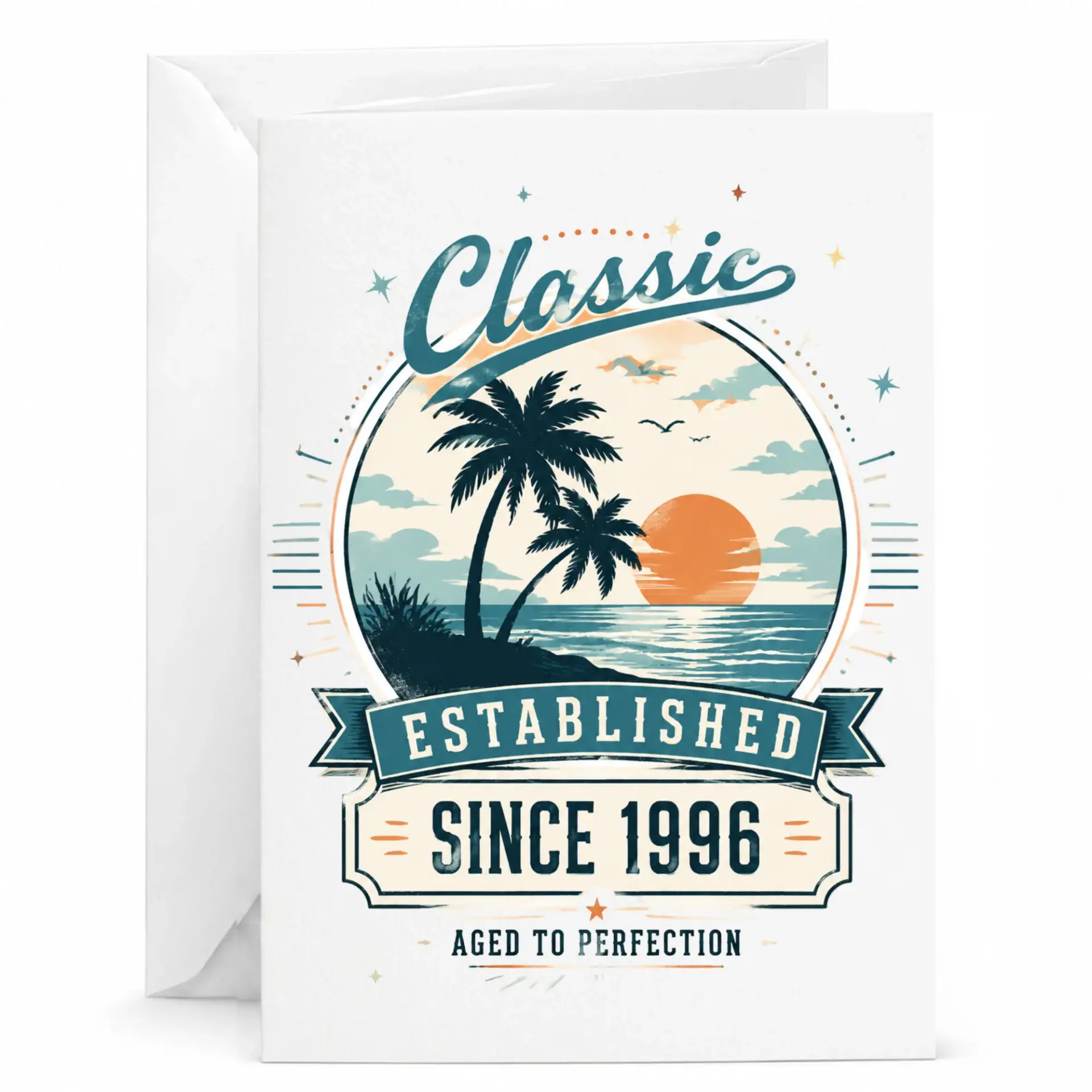Birthday Greeting Card Classic Established Since 1996 Tropical Beach Sunset Design Aged to Perfection Milestone Year Card