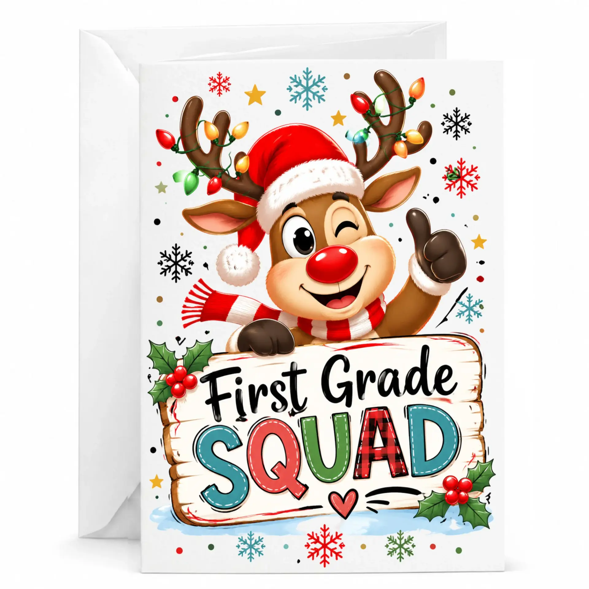Funny Reindeer Greeting Card First Grade Squad Holiday Card Festive Winter Theme 5x7 Inches with Matching White Envelope