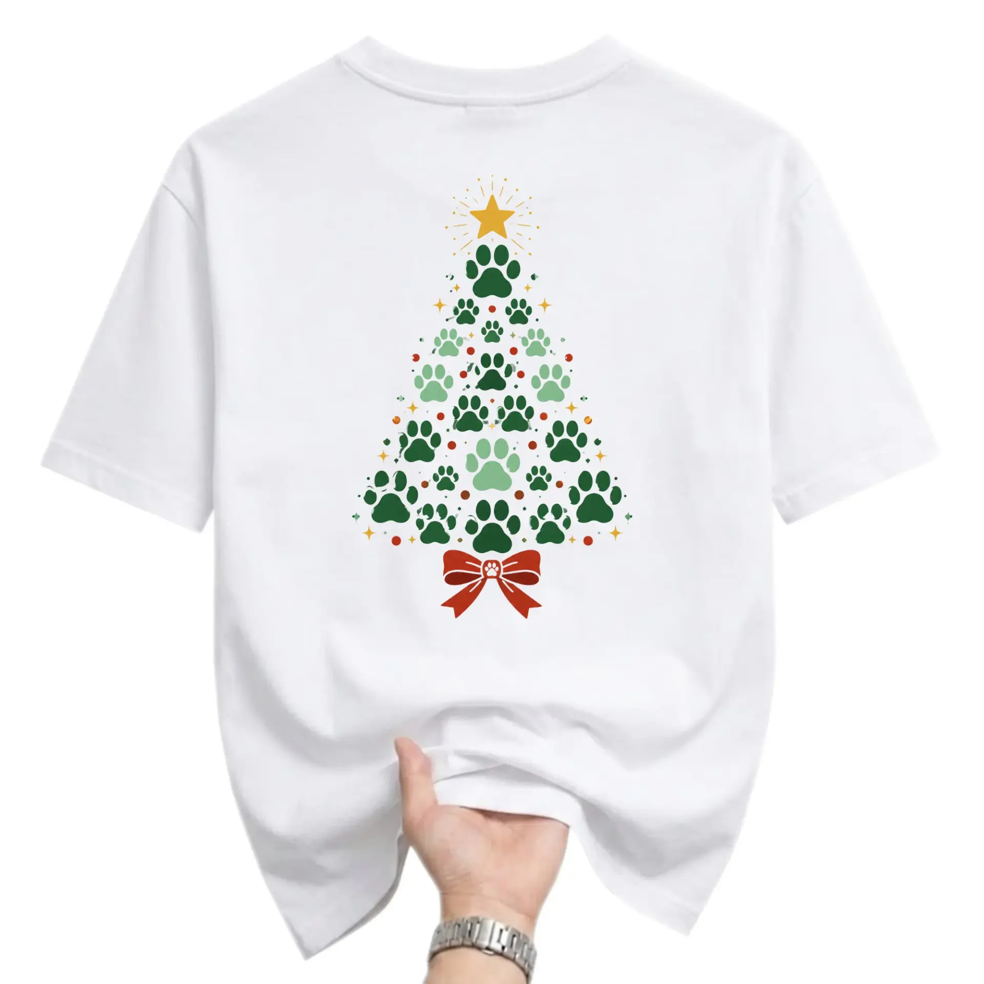 T-shirt Graphic Tee Christmas Tree Paw Print Design Unisex Crew Neck Casual
