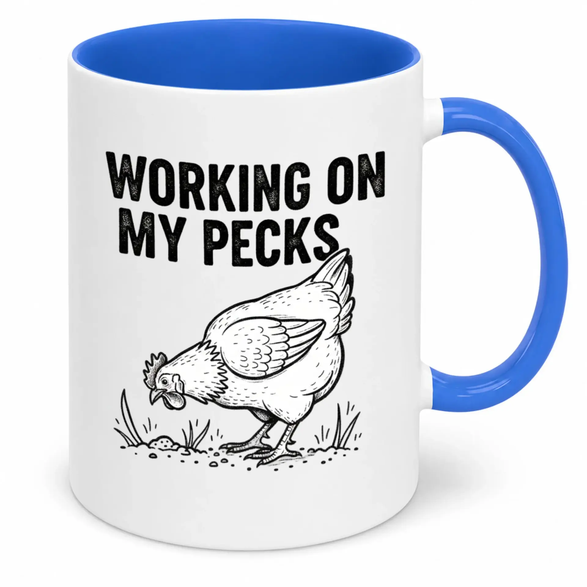 Funny Chicken Pun Coffee Mug Ceramic Drinkware with Humorous Working on My Pecks Design for Farm Animal Lovers Office Home Kitchen