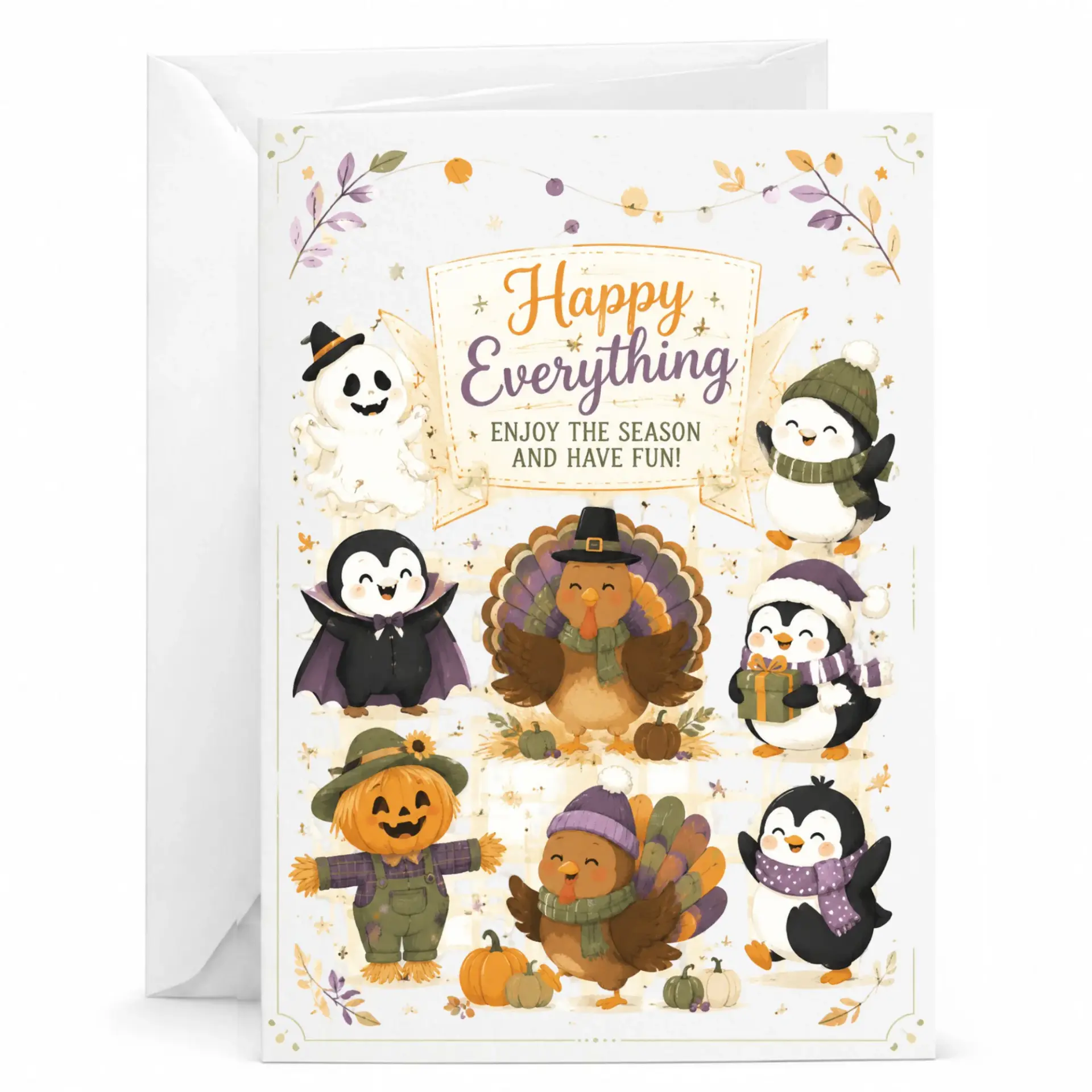 Greeting Card Happy Everything Featuring Festive Characters Including Turkeys Penguins and Pumpkins for Seasonal Celebrations