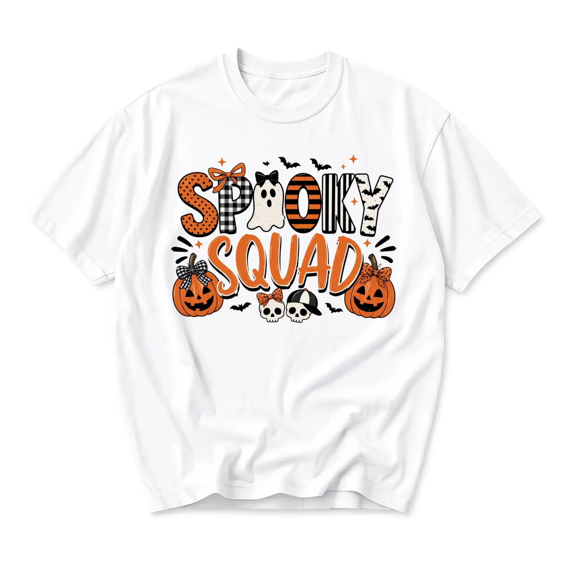 Graphic Tee Spooky Squad Halloween Pumpkin Ghost Design Unisex Crew Neck Soft Cotton Blend Casual Short Sleeve Shirt