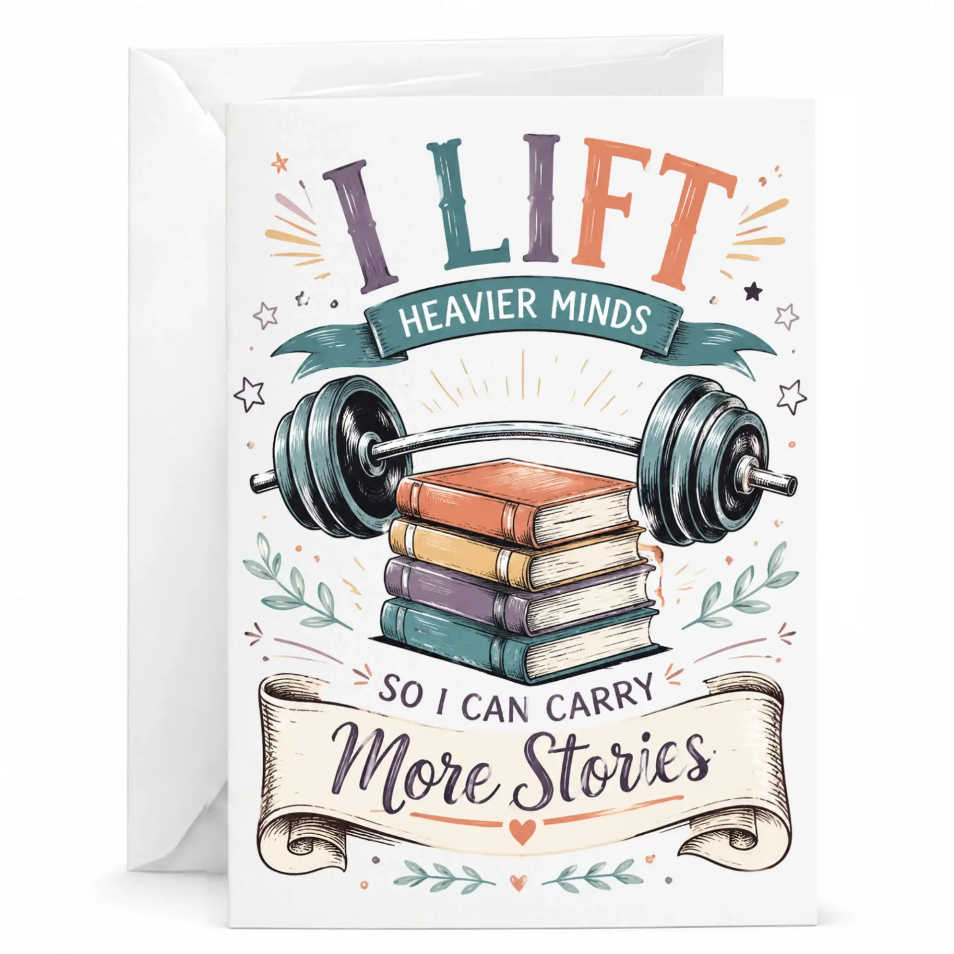 Greeting Card for Book Lovers Featuring Funny Weightlifting Design