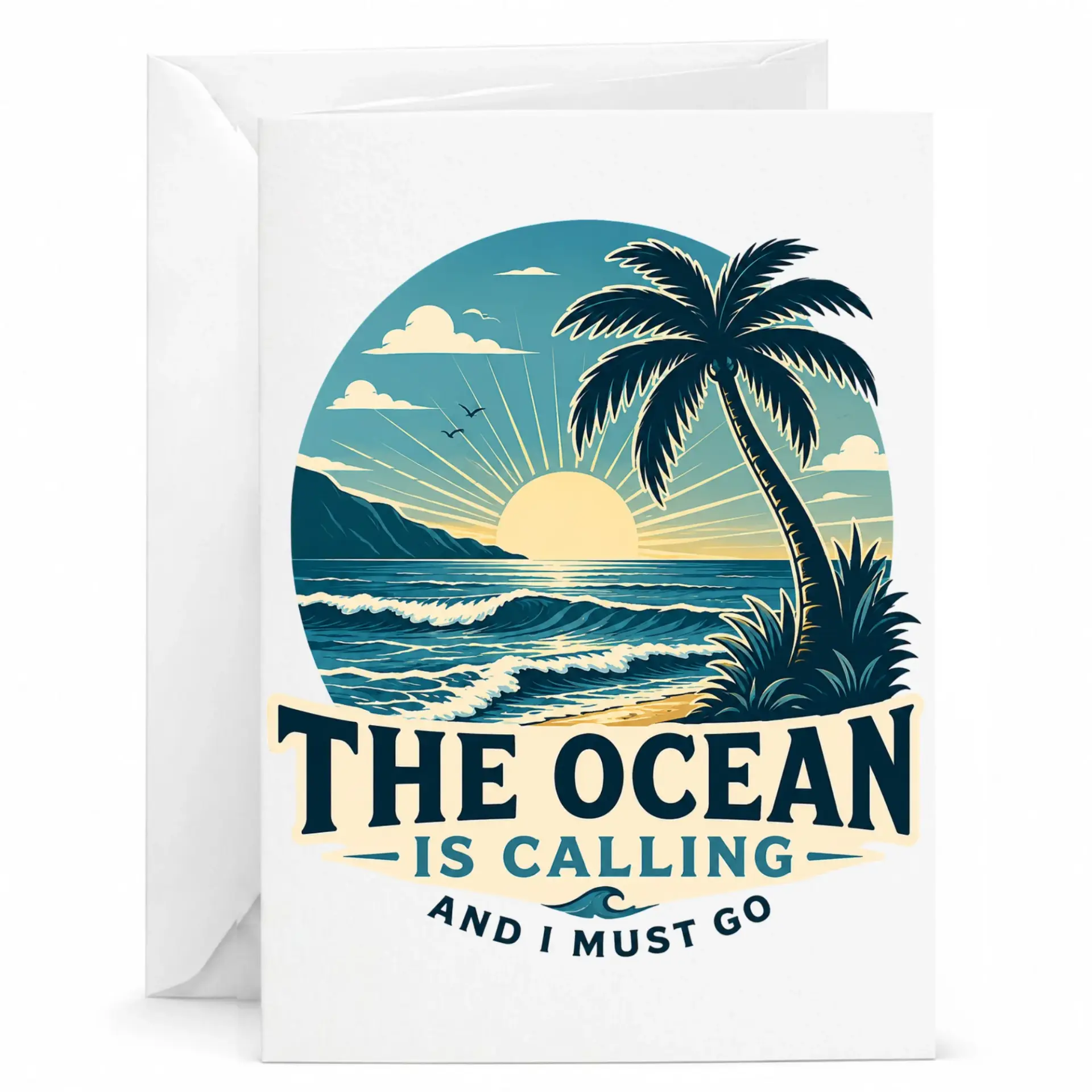 Greeting Card Ocean Theme Beach Illustration Tropical Sunset Design 5x7 Folded with Envelope for Any Occasion