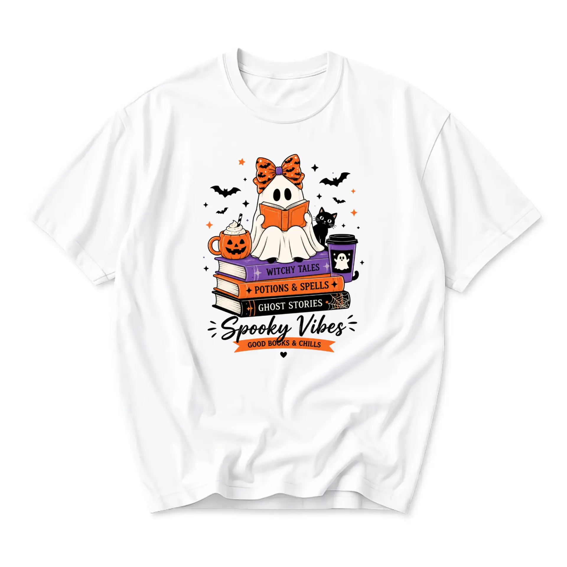 Graphic Tee Spooky Vibes Reading Ghost Unisex T-Shirt Halloween Book Lover Apparel Casual Cotton Crew Neck Shirt