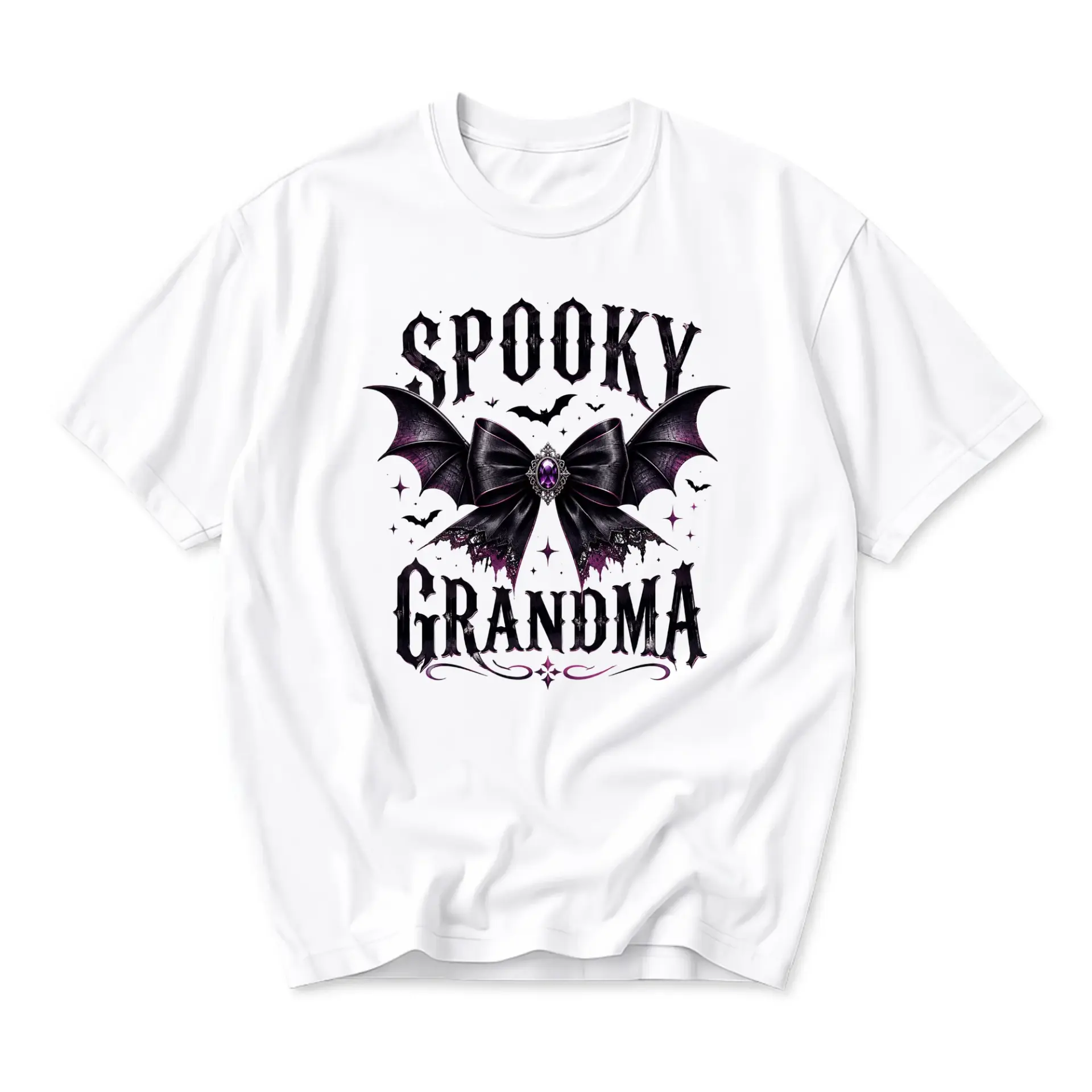 Graphic Tee Spooky Grandma Bat Wing Bow Design Unisex Cotton Crew Neck Casual Everyday Statement Apparel White Shirt