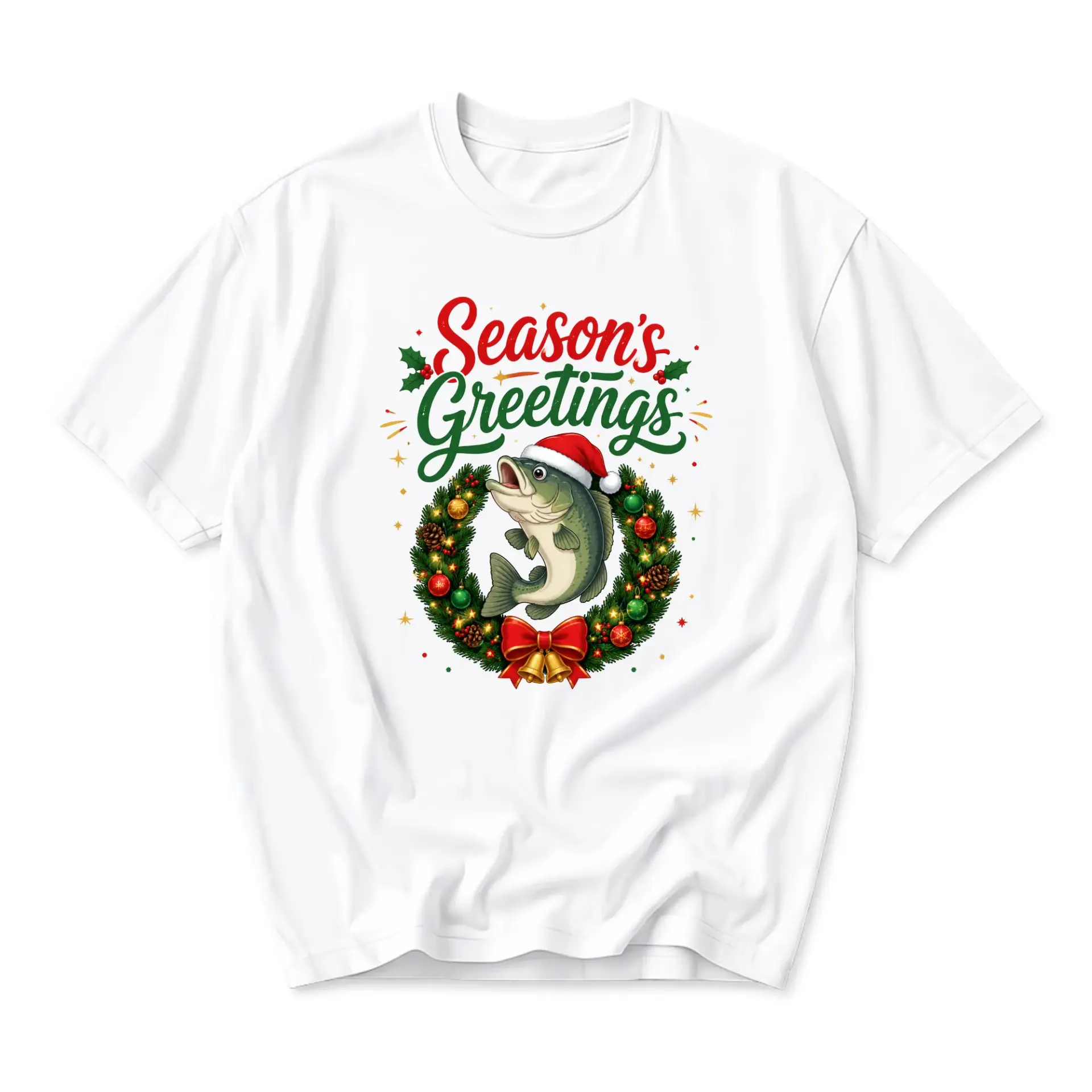 Funny Shirt Season's Greetings Bass Fish Christmas Wreath Graphic Tee Unisex Casual Short Sleeve Crew Neck Cotton Top