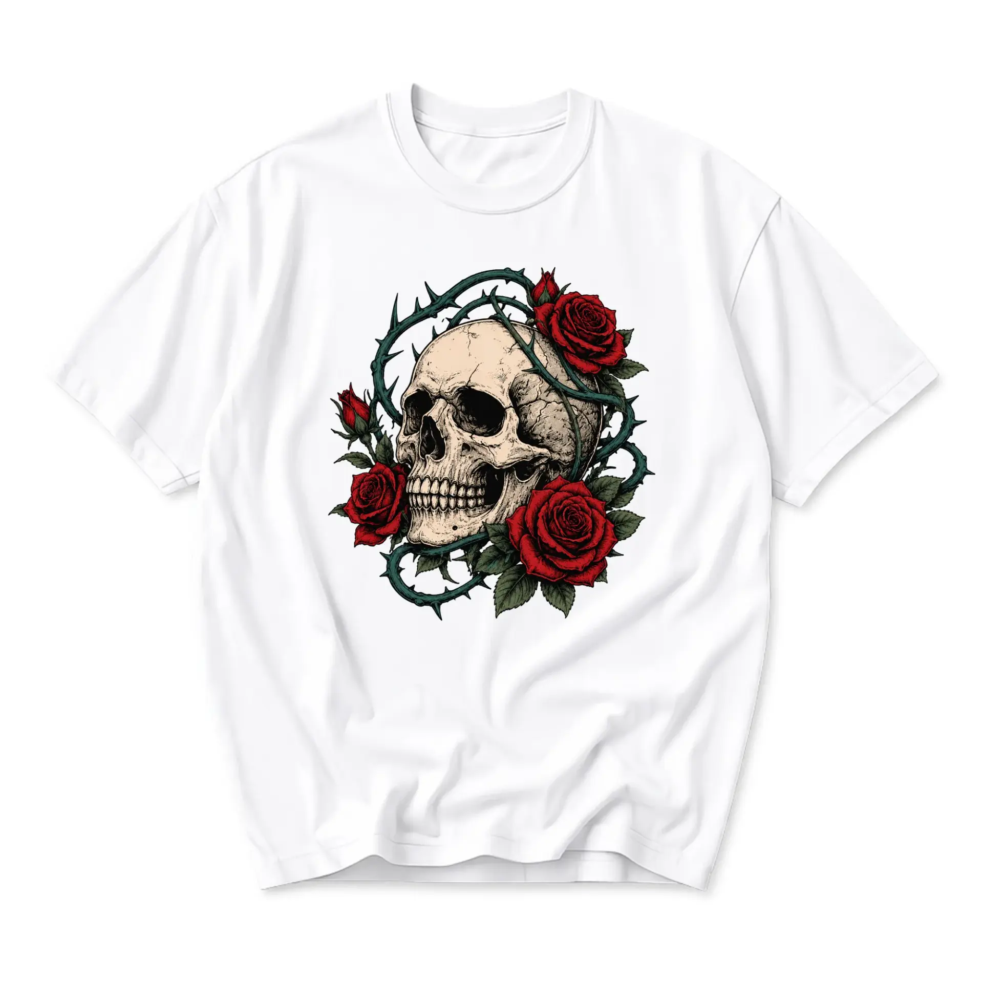 Graphic Tee Skull and Red Roses Illustration Unisex Short Sleeve Crew Neck Cotton Blend Casual Everyday Streetwear Top