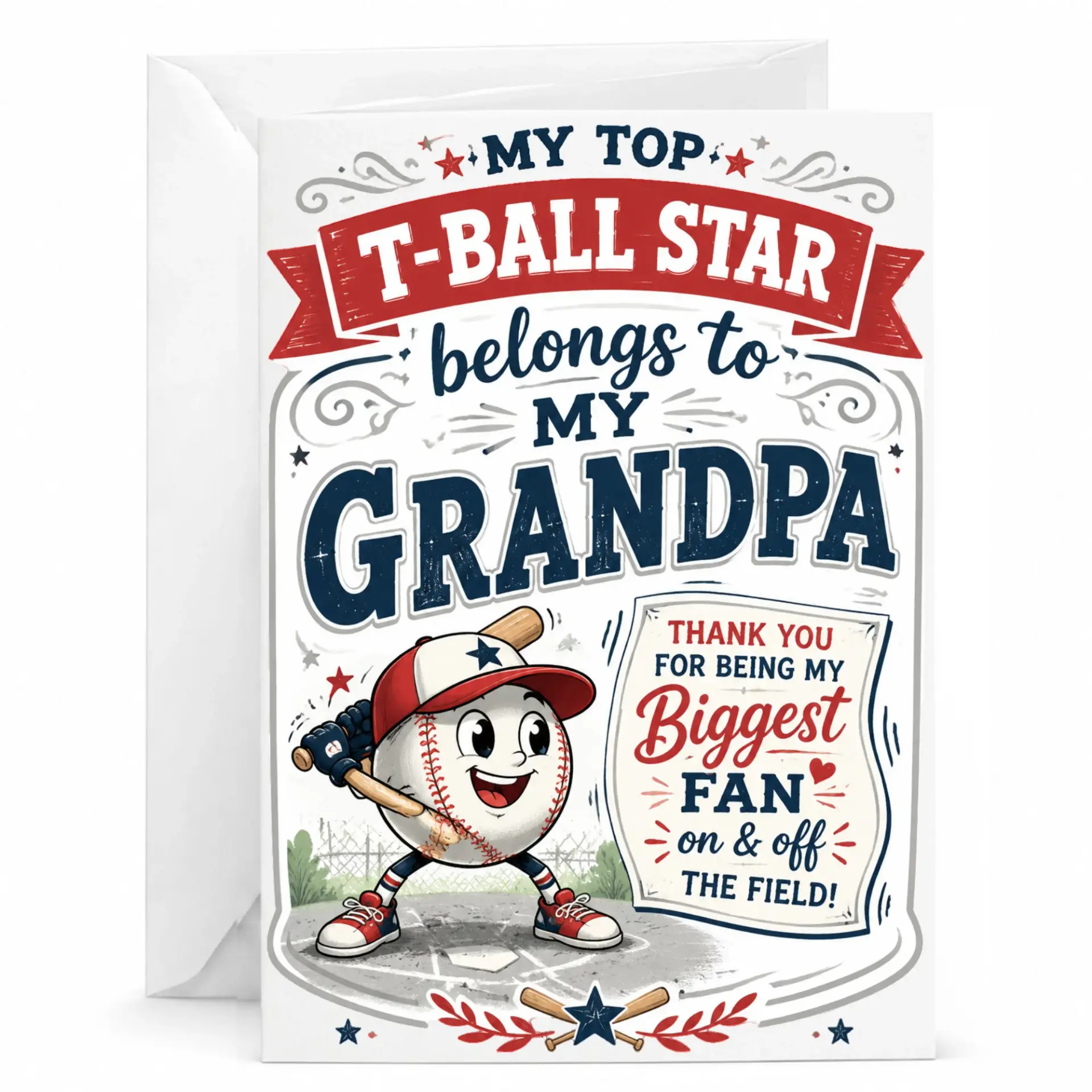 Greeting Card for Grandpa from T-Ball Player Featuring Fun Baseball Cartoon Illustration with Heartfelt