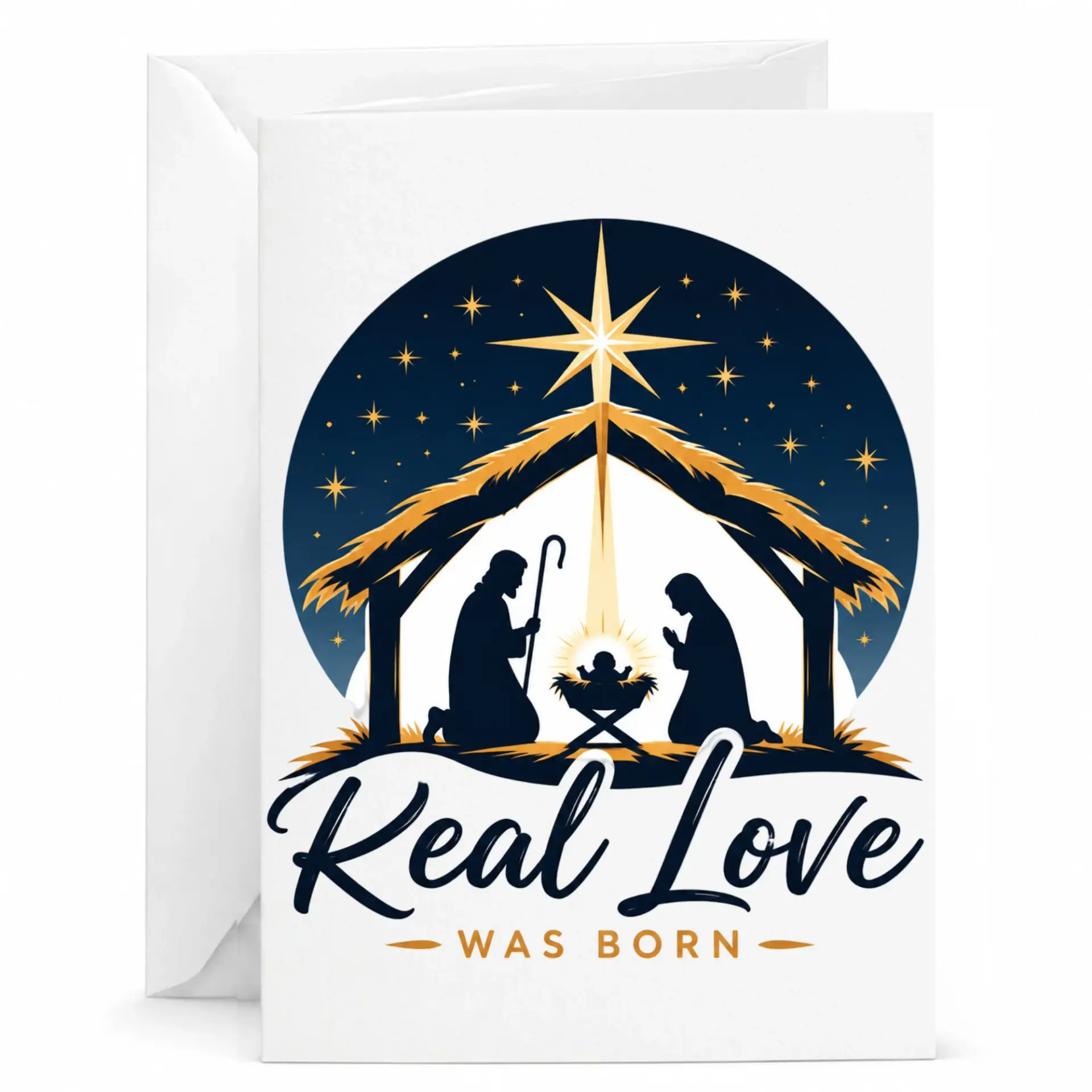 Greeting Card Real Love Was Born Nativity Scene Religious Holiday Card for Friends and Family 5x7 Inches Folded