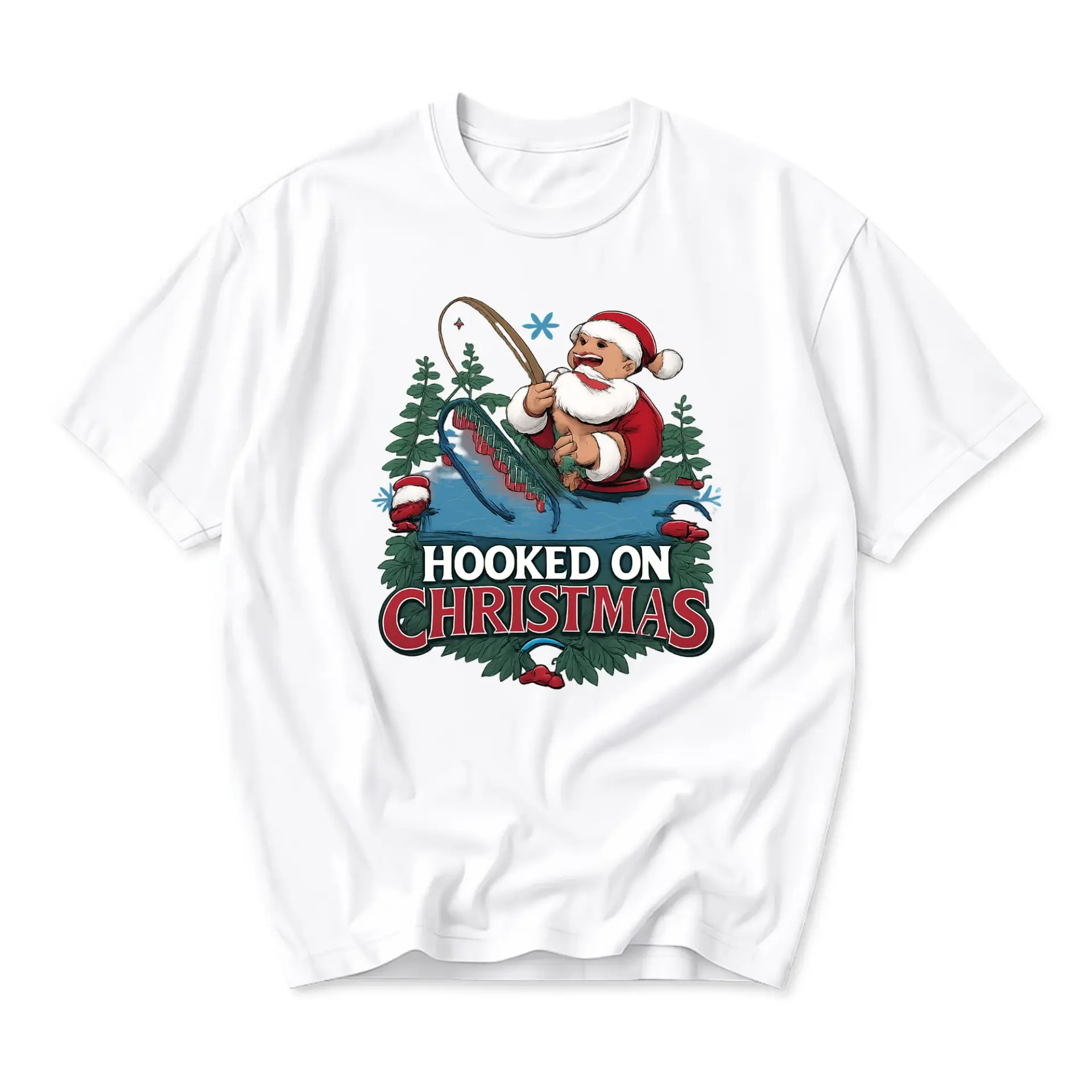 Funny Shirt on Christmas Graphic Tee Holiday Fishing Themed Unisex Crew