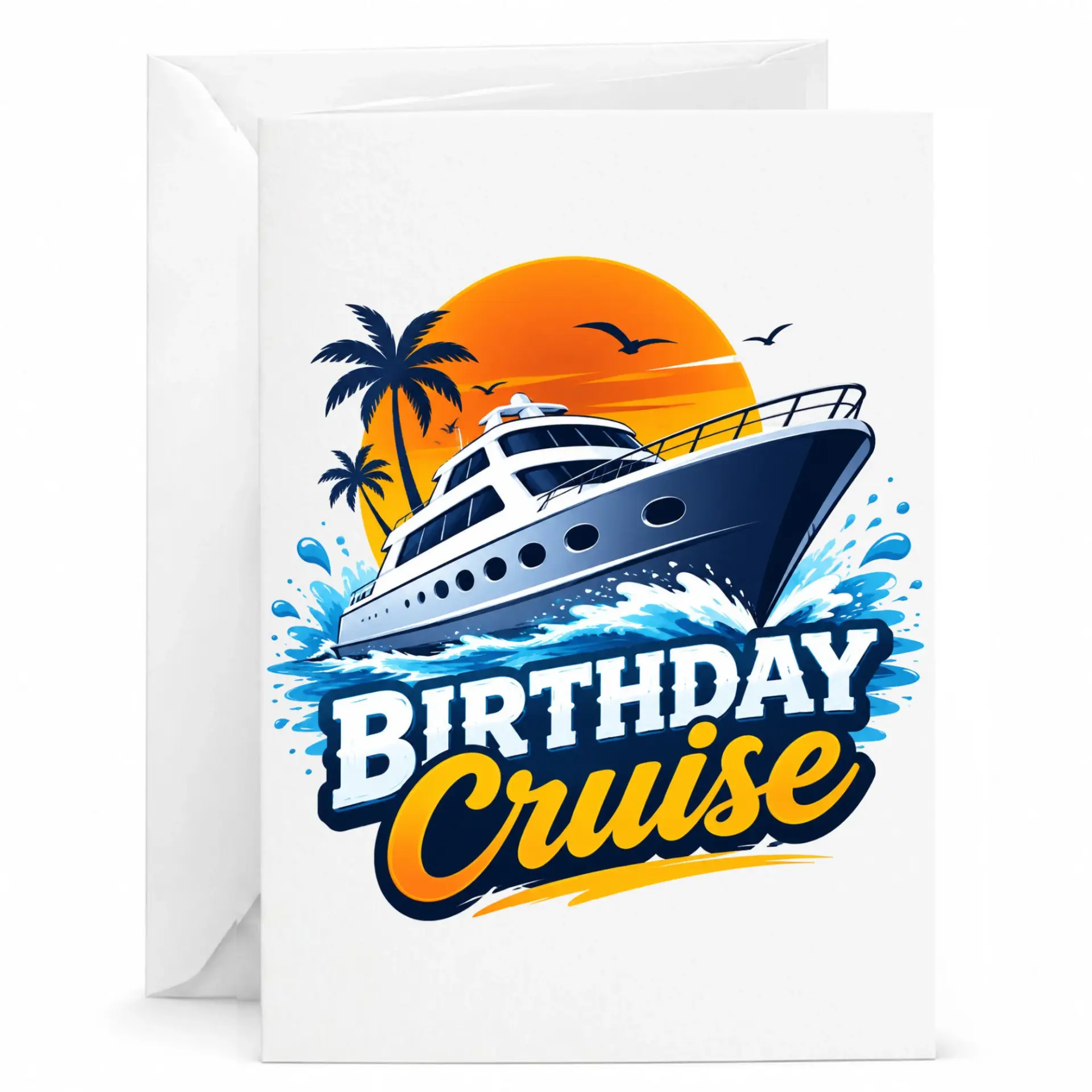 Birthday Cruise Greeting Card, Nautical Themed Party Invitation or Celebration Note with Sunset Yacht Illustration
