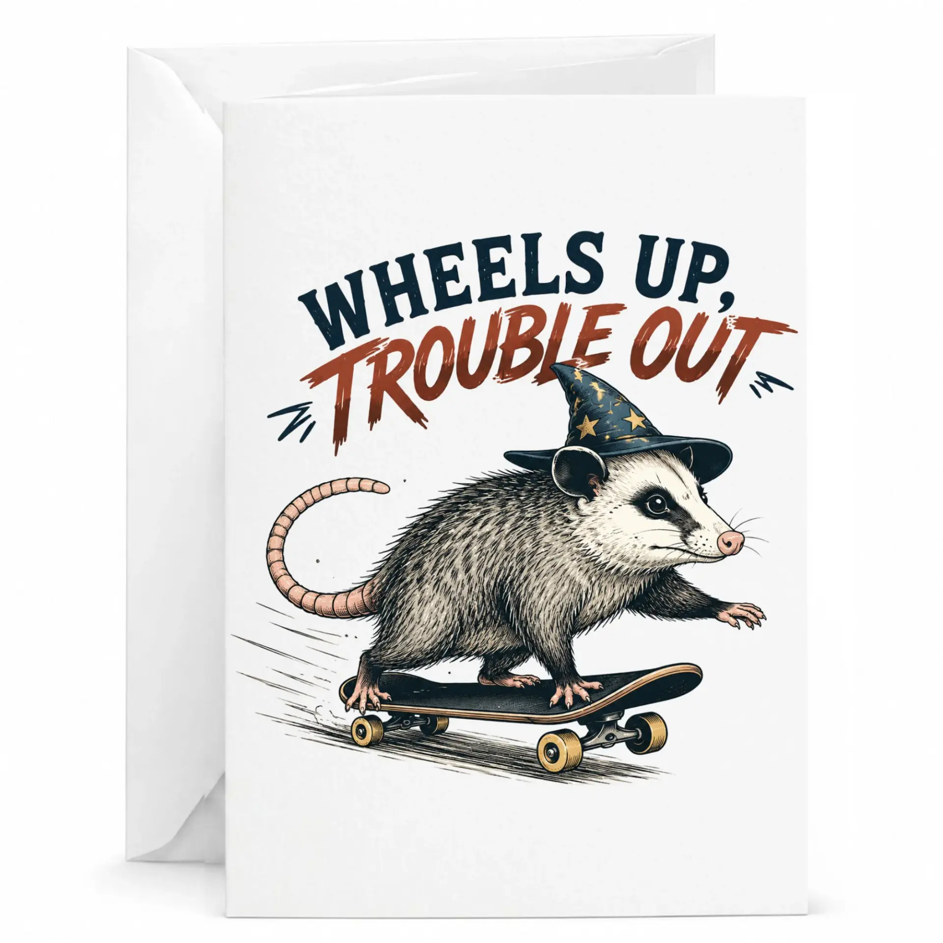 Funny Greeting Card Featuring a Opossum on a Skateboard for Birthdays and Humorous Well Wishes