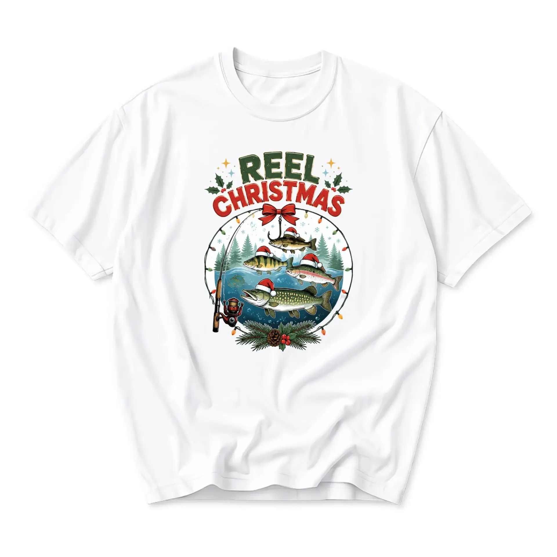 Funny Shirt Reel Christmas Fishing Graphic Tee Holiday Season Outdoor Sport