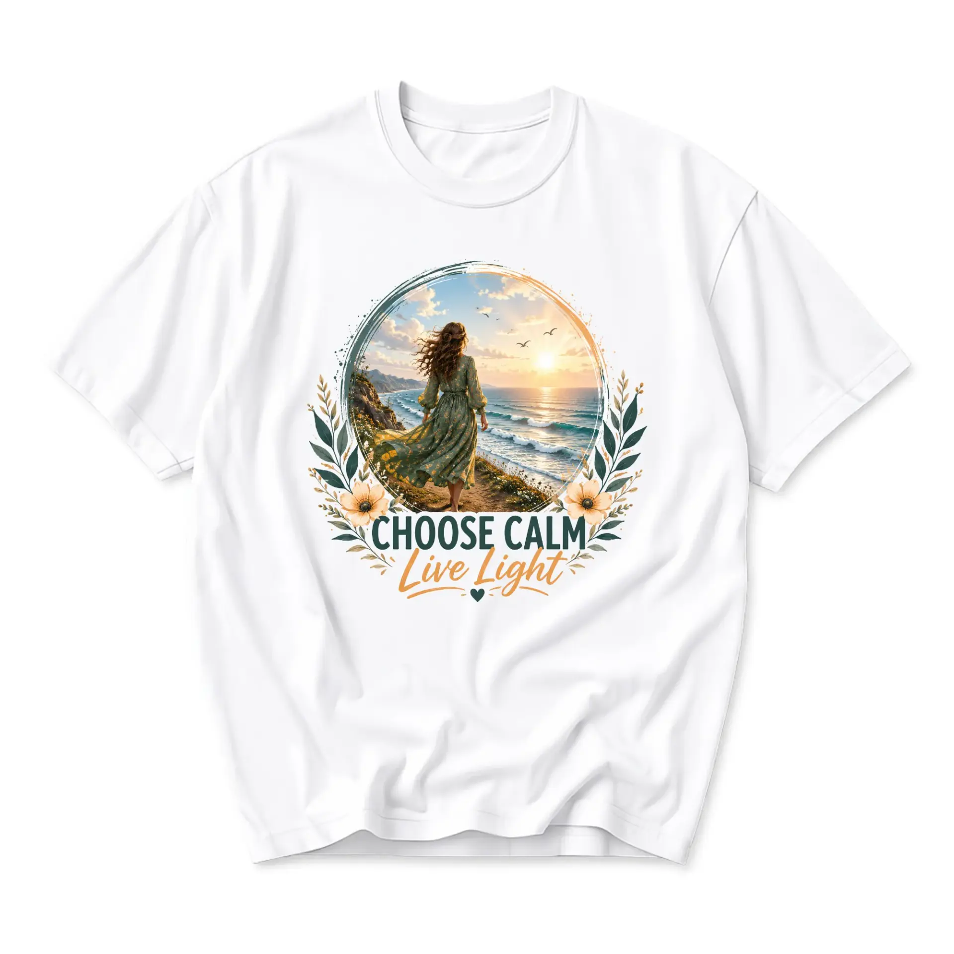 T-shirt Graphic Tee Choose Calm Live Light Coastal Ocean Sunrise Design Unisex Casual Everyday Crew Neck Shirt