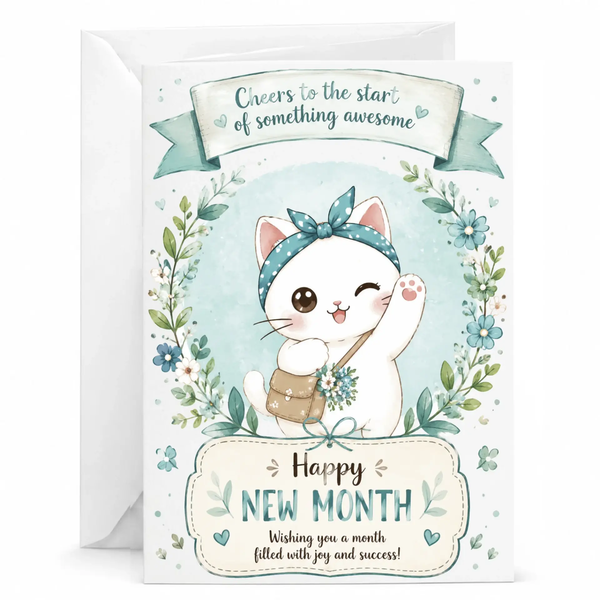 Greeting Card Happy New Month Cheerful Cute Cat Illustration Floral Aesthetic Design Premium Paper 5x7 Folded Note