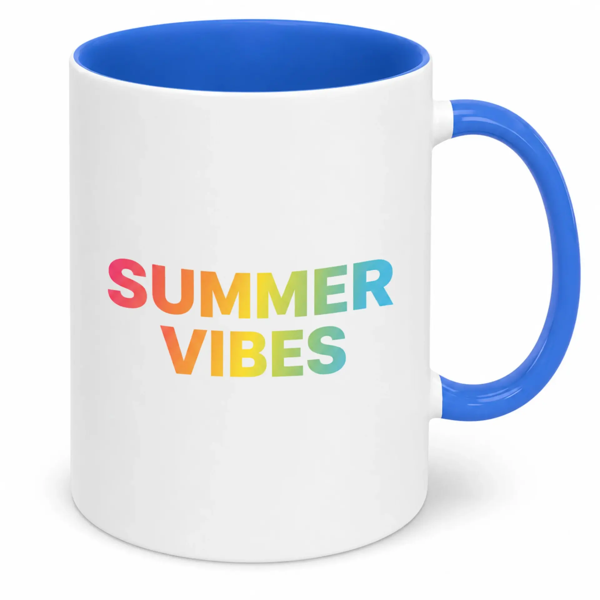 Summer Vibes Coffee Mug, Ceramic Rainbow Gradient Two-Tone Cup with Blue Handle and Interior, 11oz or 15oz Beverage Drinkware