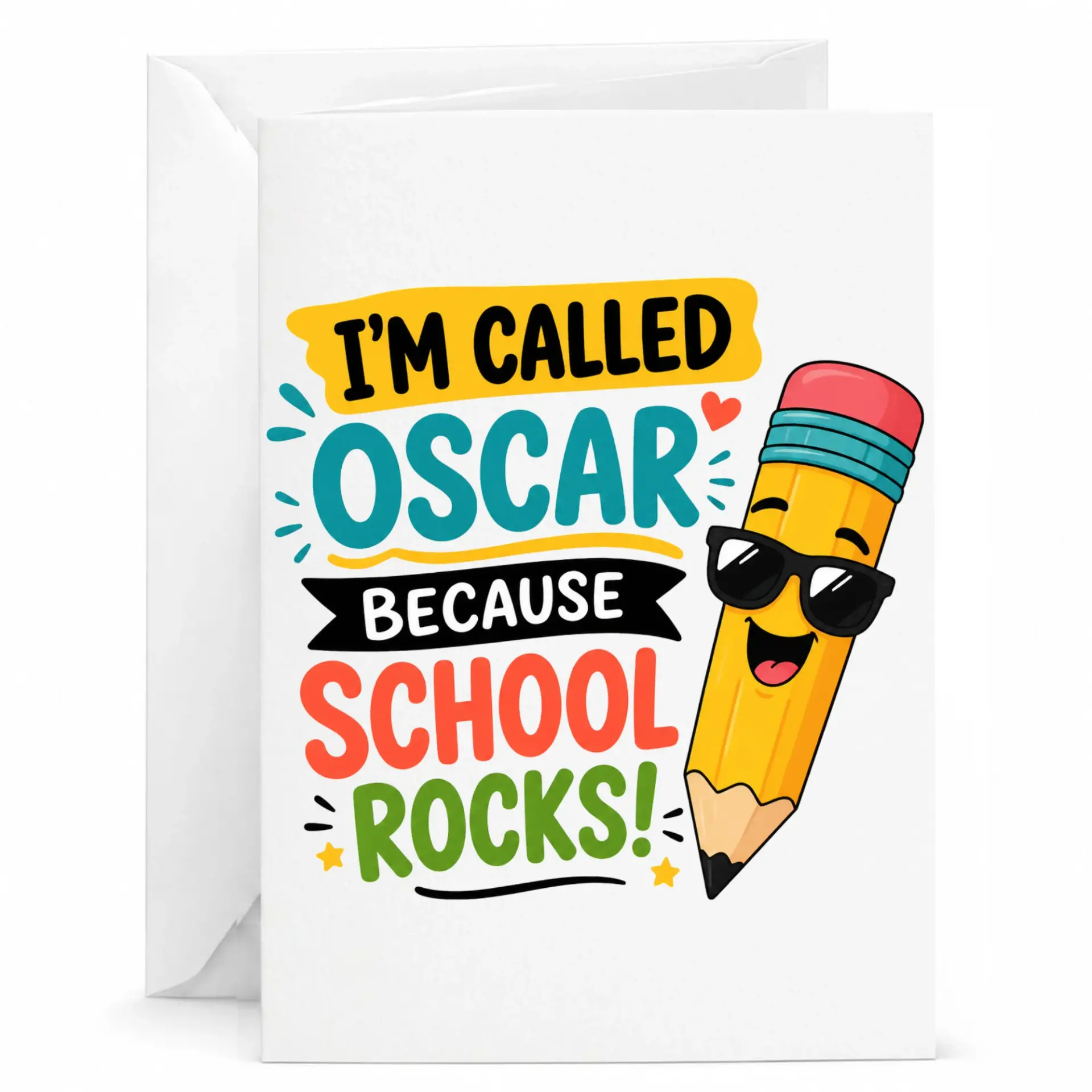 Funny Greeting Card Because School Rocks Design Featuring a Cheerful Cartoon Pencil Wearing Sunglasses