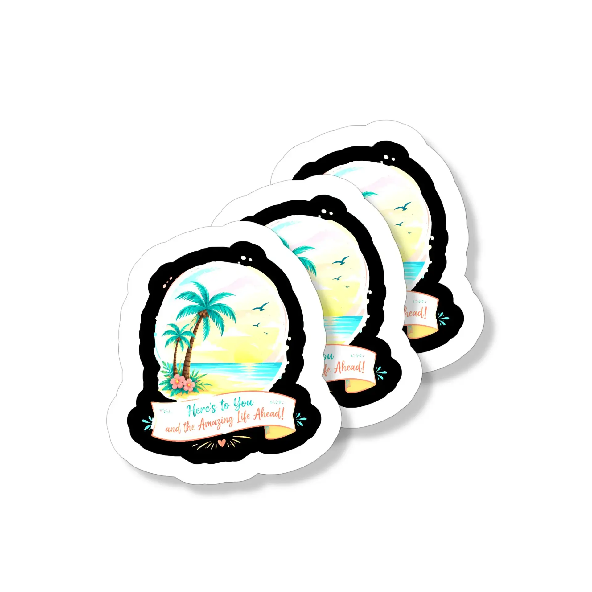 Vinyl Sticker Pack Tropical Beach Sunset Design Waterproof Decal Set for Laptops and Water Bottles Three Piece Set