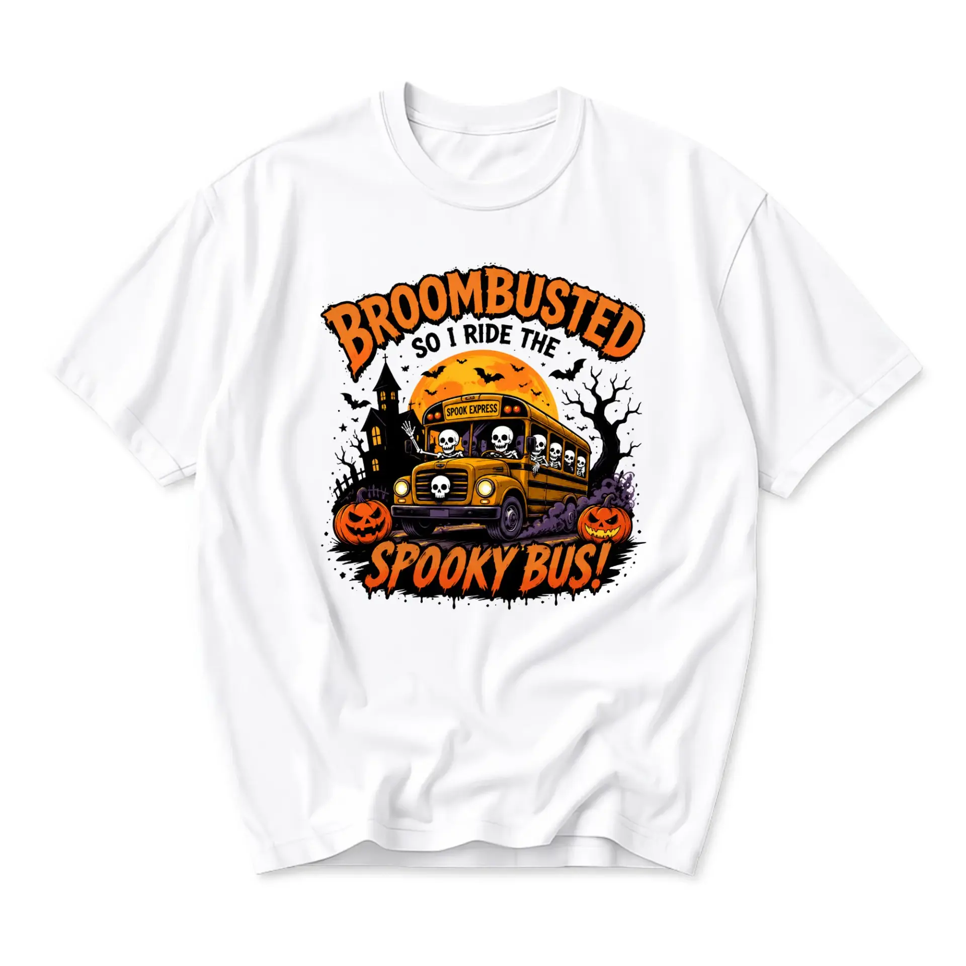 Funny Shirt Broombusted so I Ride the Spooky Bus Skeleton Graphic Tee Unisex Cotton Halloween Casual Apparel