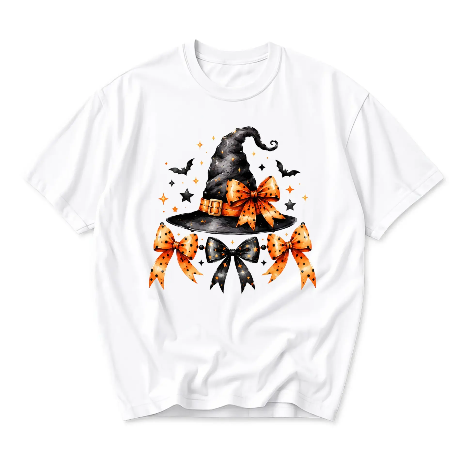 Graphic Tee Witch Hat and Bows Design Unisex Casual Shirt Seasonal Holiday Apparel Comfortable Cotton Crew Neck Top
