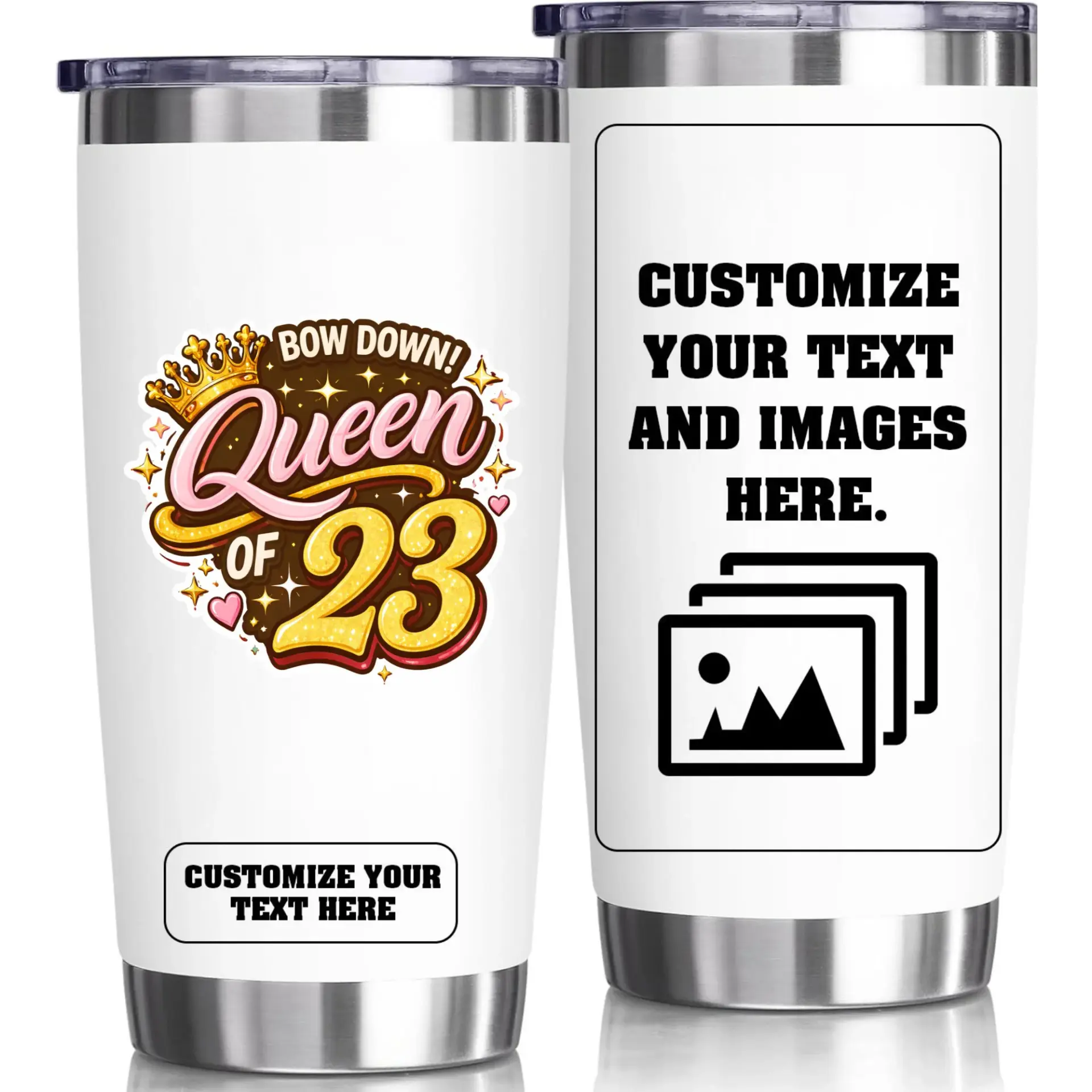 Stainless Steel Tumbler 20oz Insulated Cup Bow Down Queen of 23 Custom Design Personalized Travel Mug for Hot Cold