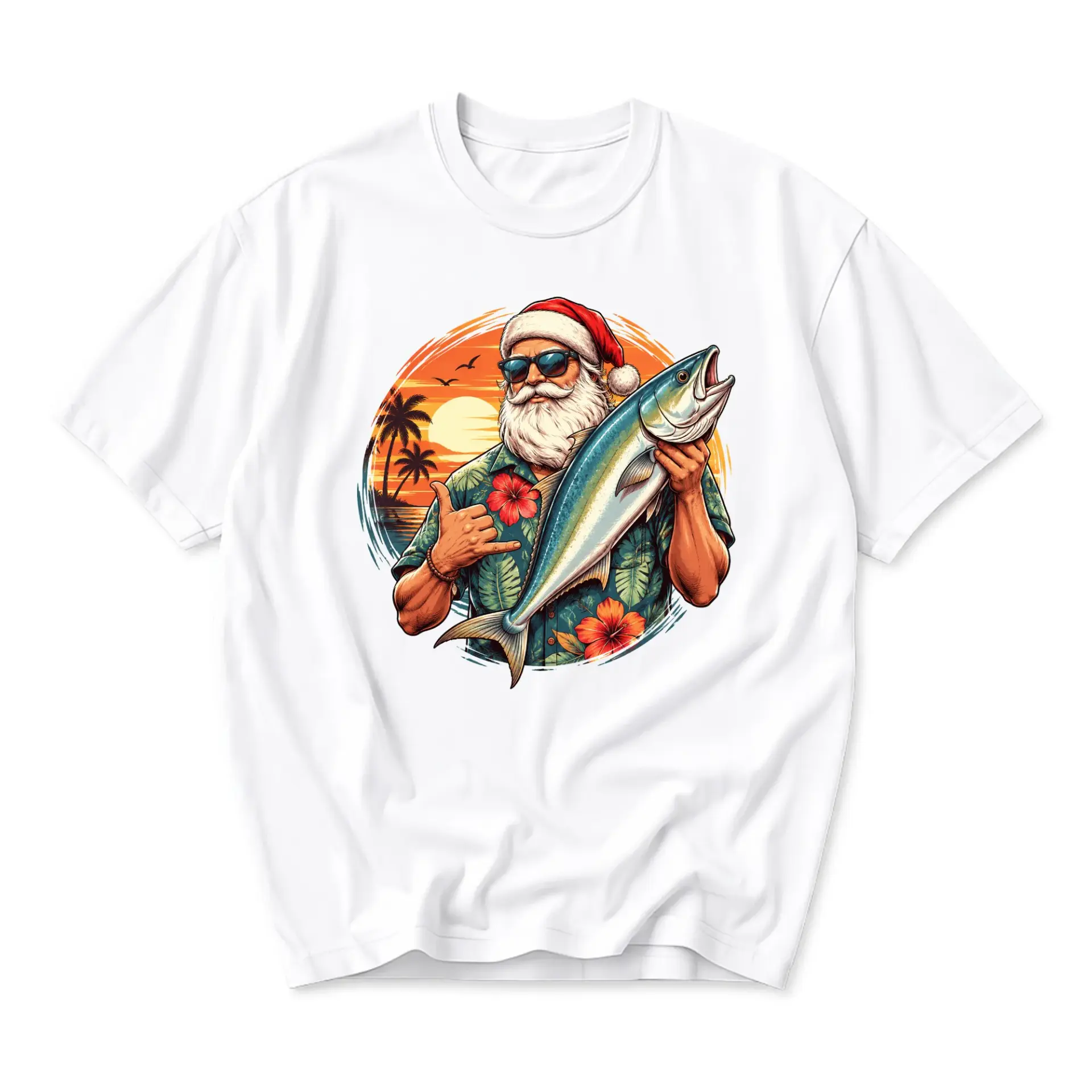Graphic Tee Tropical Santa Claus Fishing Vacation Design Unisex Casual Crew Neck Comfortable Short Sleeve Cotton Shirt