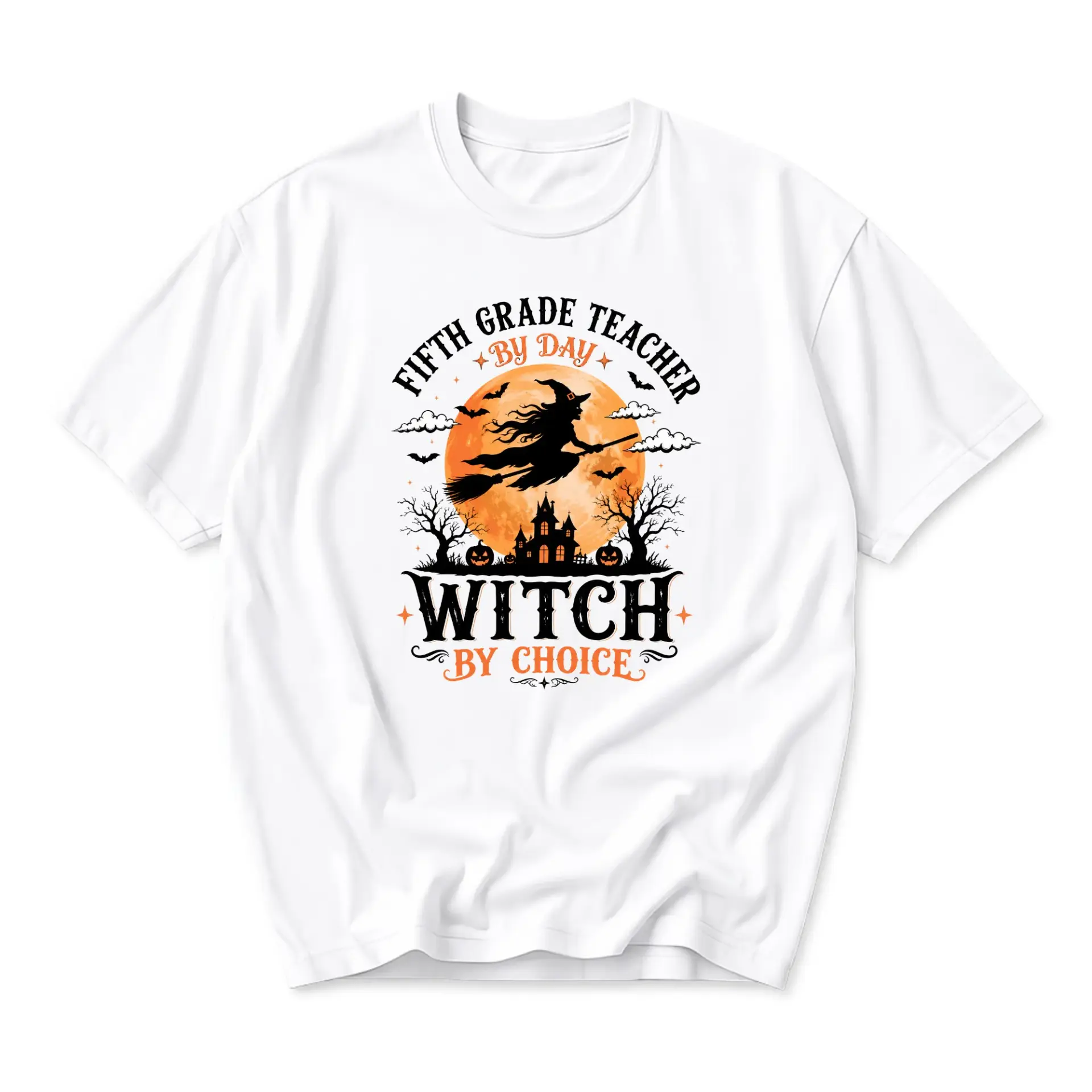 Funny Shirt Fifth Grade Teacher by Day Witch by Choice Graphic Tee Halloween Themed Apparel for Educators