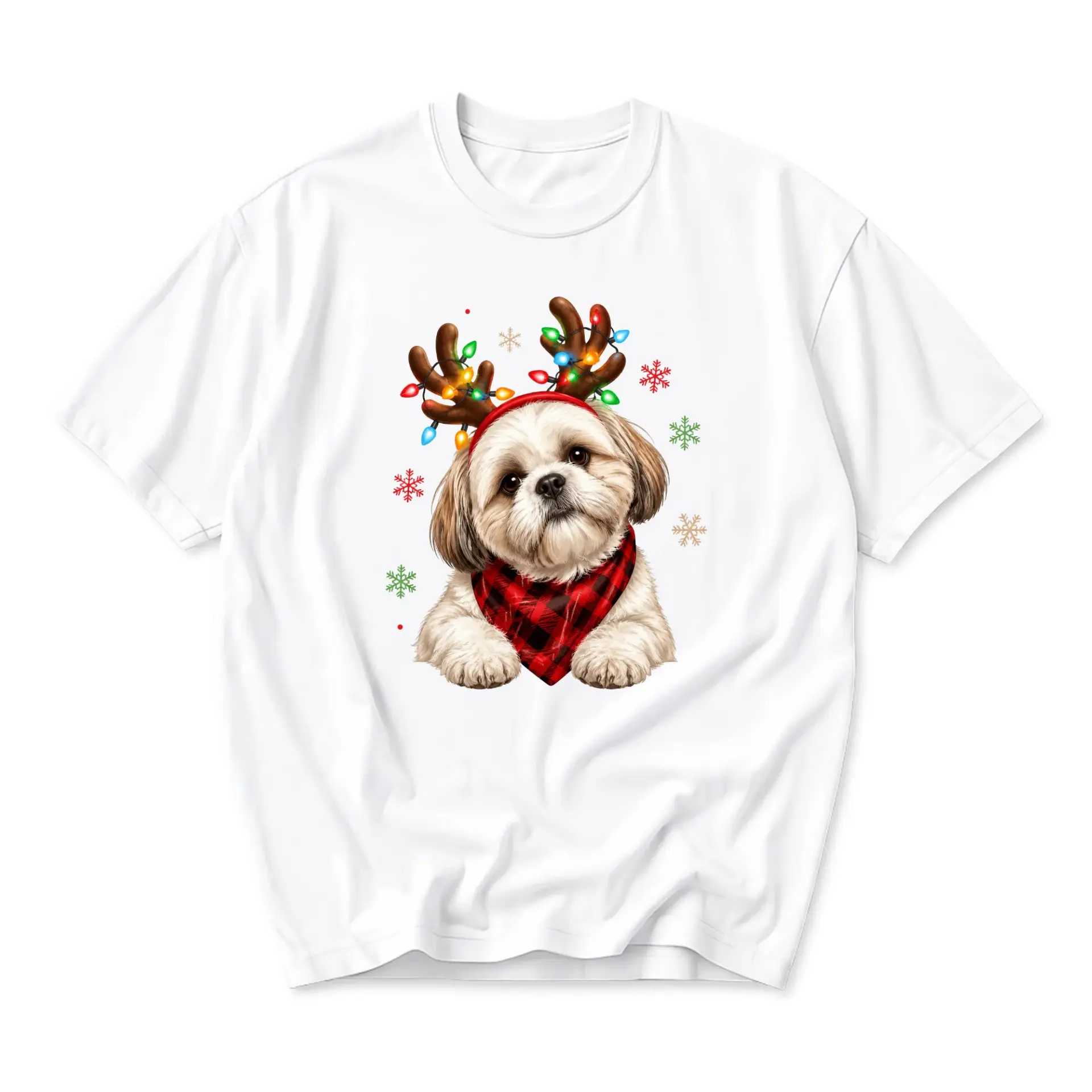Graphic Tee Cute Shih Tzu Dog Reindeer Antlers Christmas Lights Wearing