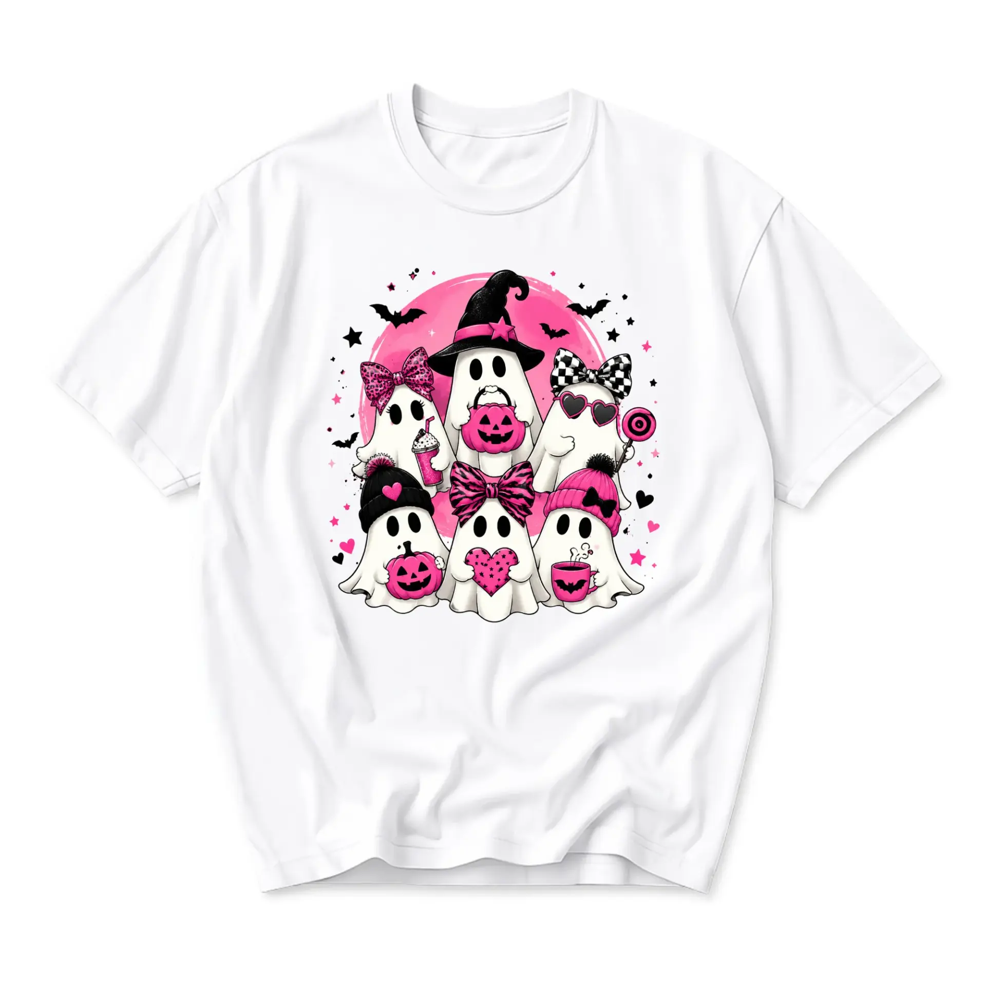 Funny Shirt Pink Halloween Ghost Squad Graphic Tee Cute Spooky Spirits Print Unisex Crew Neck Casual Everyday Top