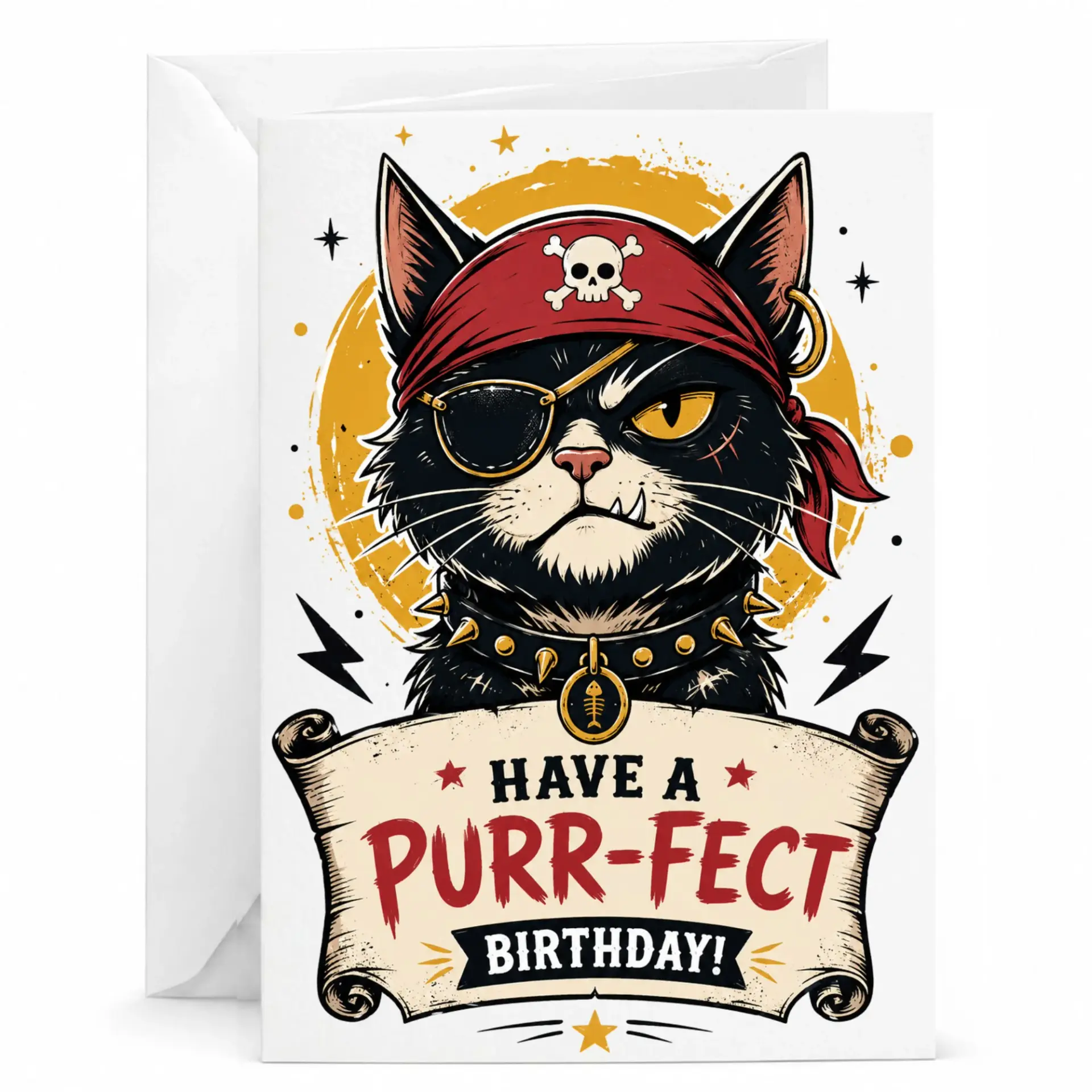 Funny Pirate Cat Greeting Card for Birthday Cute Whimsical Pet Illustration with Matching Envelope 5x7 Inches