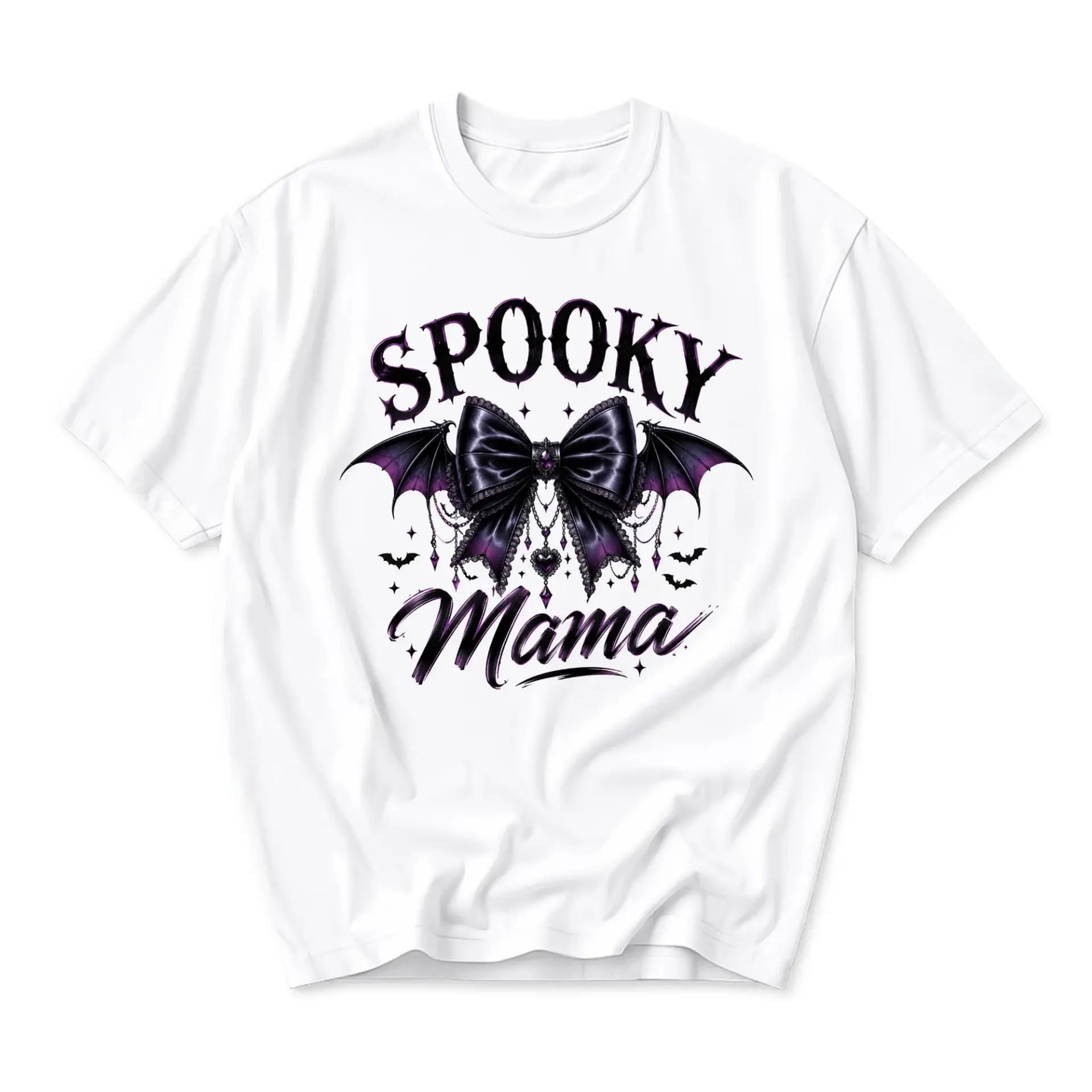 Graphic Tee Spooky Mama Bat Bow Print Unisex Crew Neck Shirt for Casual Wear Comfortable Everyday Cotton Apparel