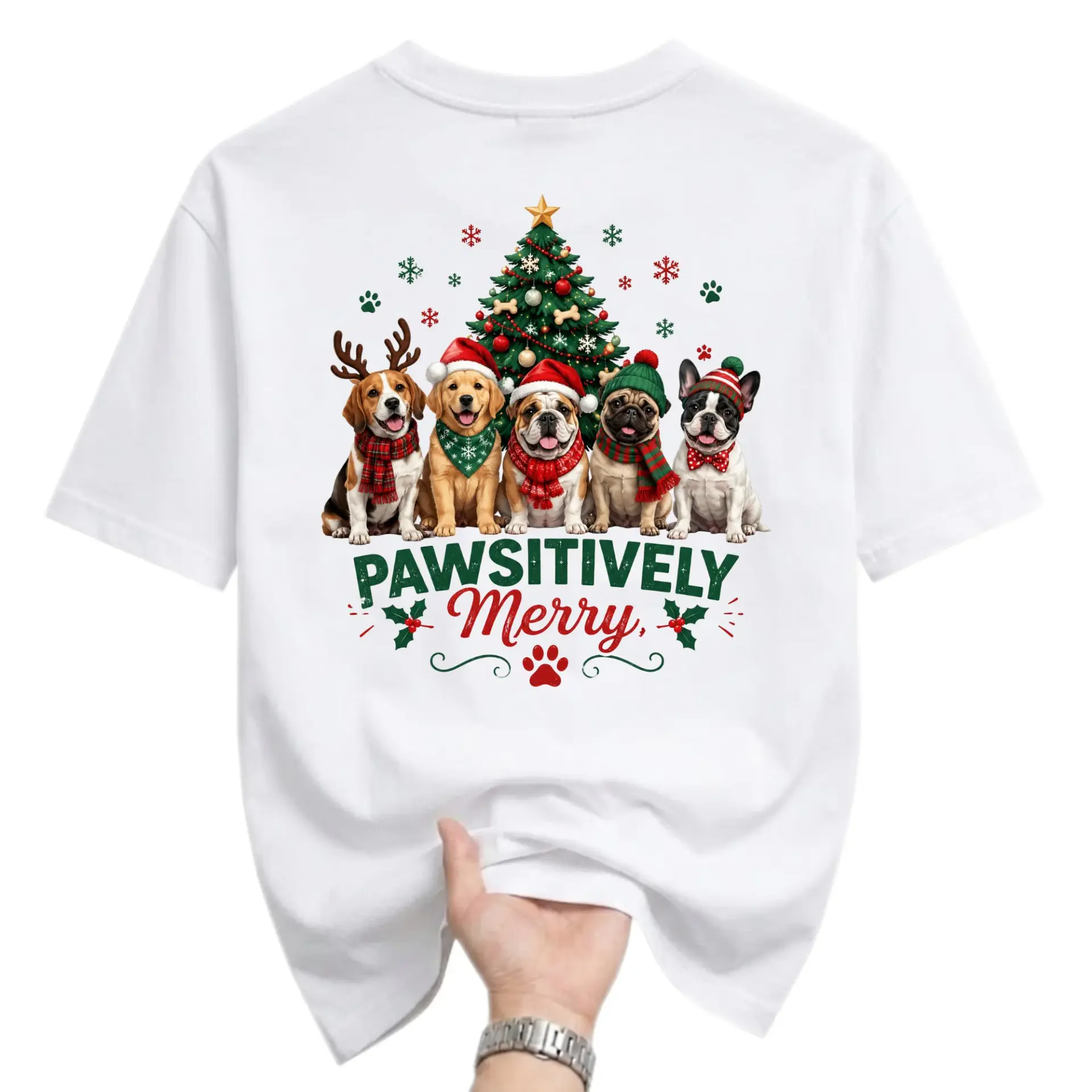 Graphic Tee Pawsitively Merry Christmas Dog Shirt Seasonal Holiday Crew
