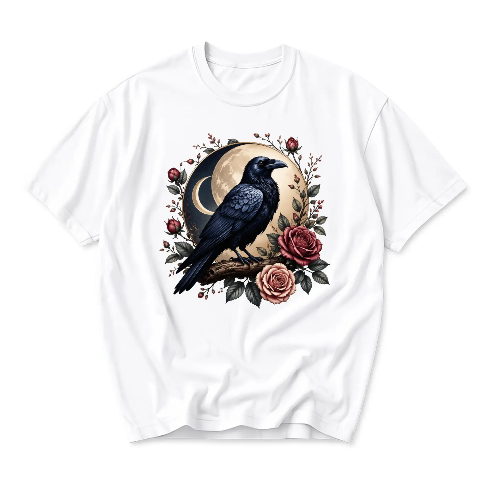 Graphic Tee Raven and Rose Moon Illustration Unisex Crew Neck Soft Cotton Casual Everyday Artistic Short Sleeve Shirt