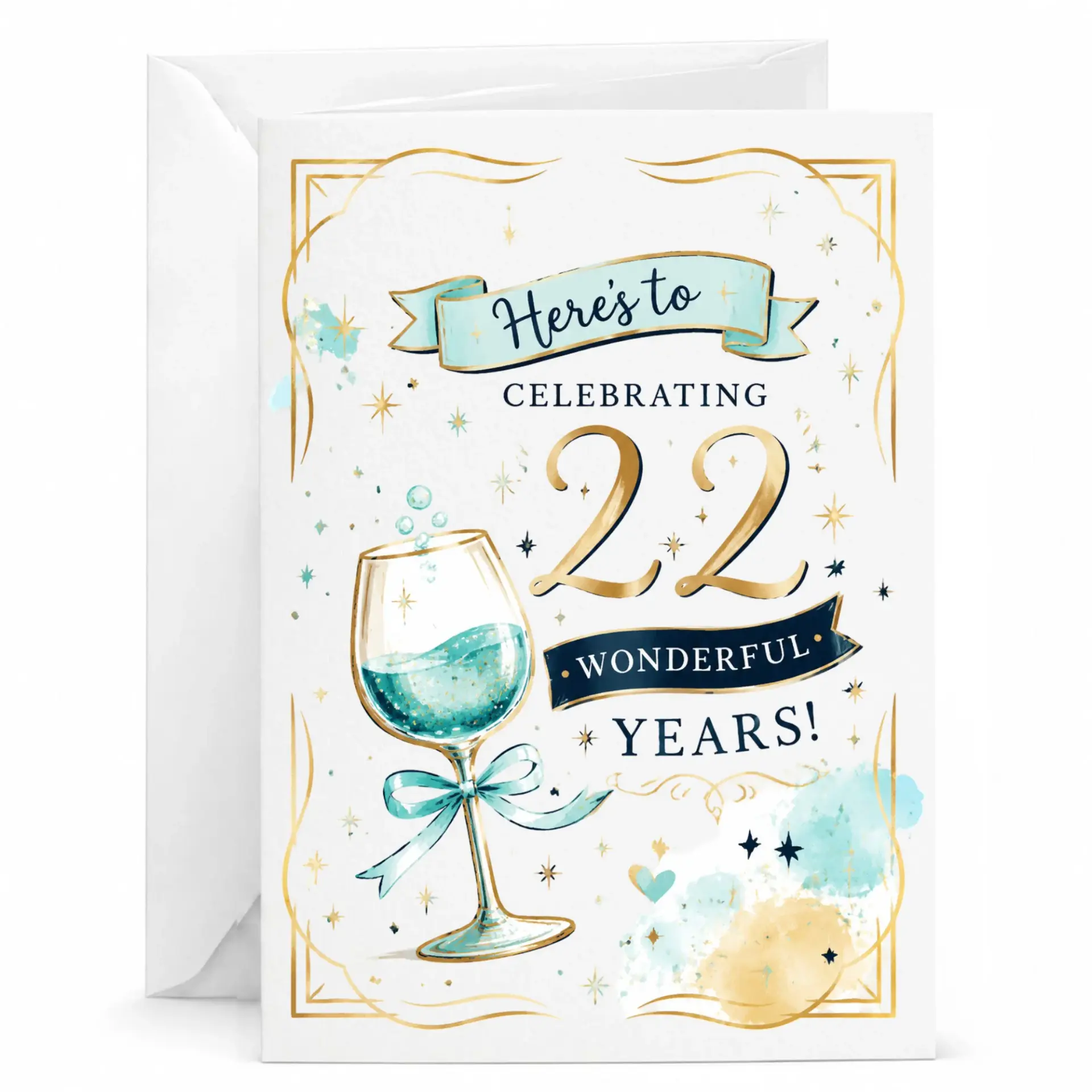Greeting Card for 22nd Anniversary Celebrating Twenty Two Wonderful Years with Elegant Champagne Glass Design