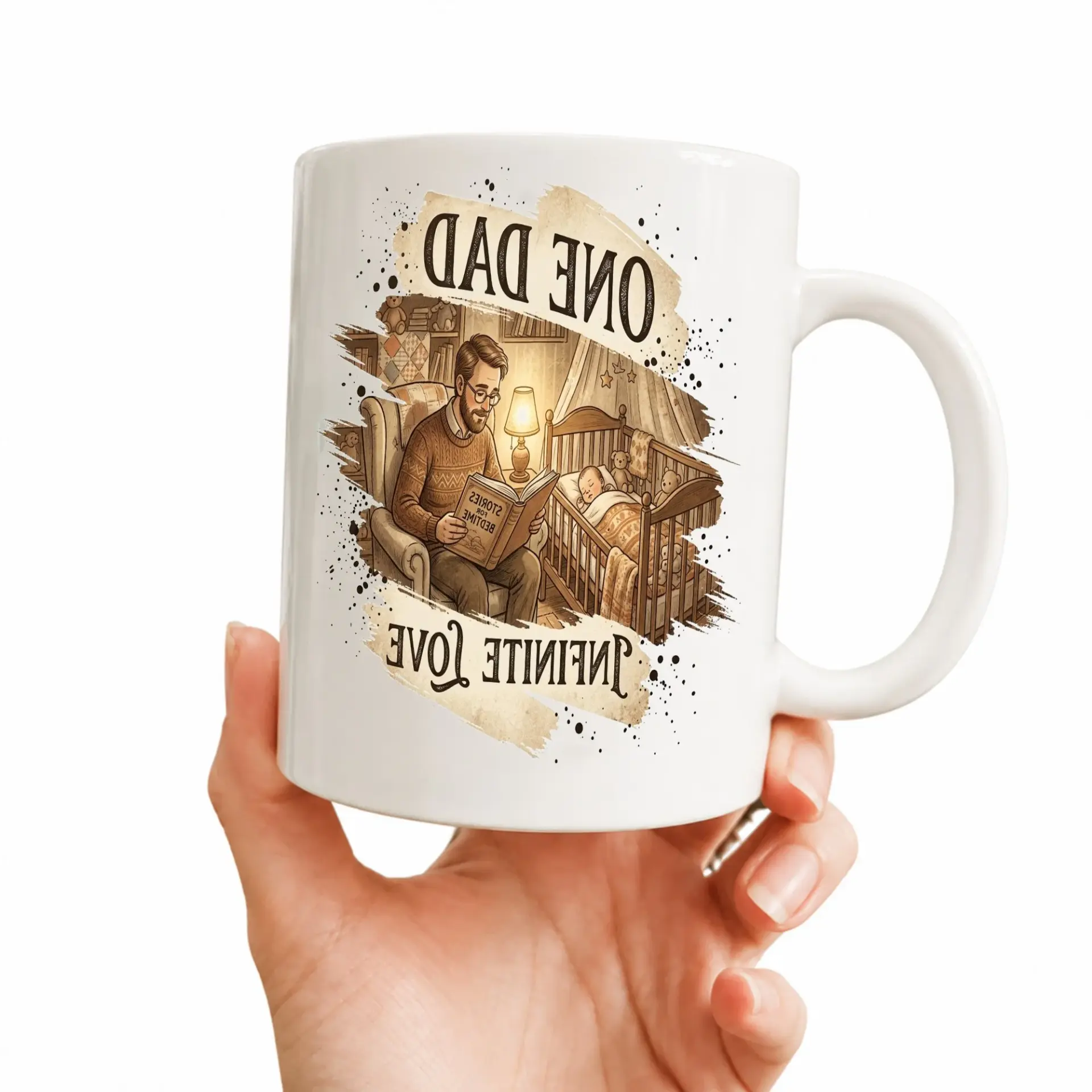Heartfelt One Dad Infinite Love Ceramic Coffee Mug Featuring Illustrated Father Reading Story Design